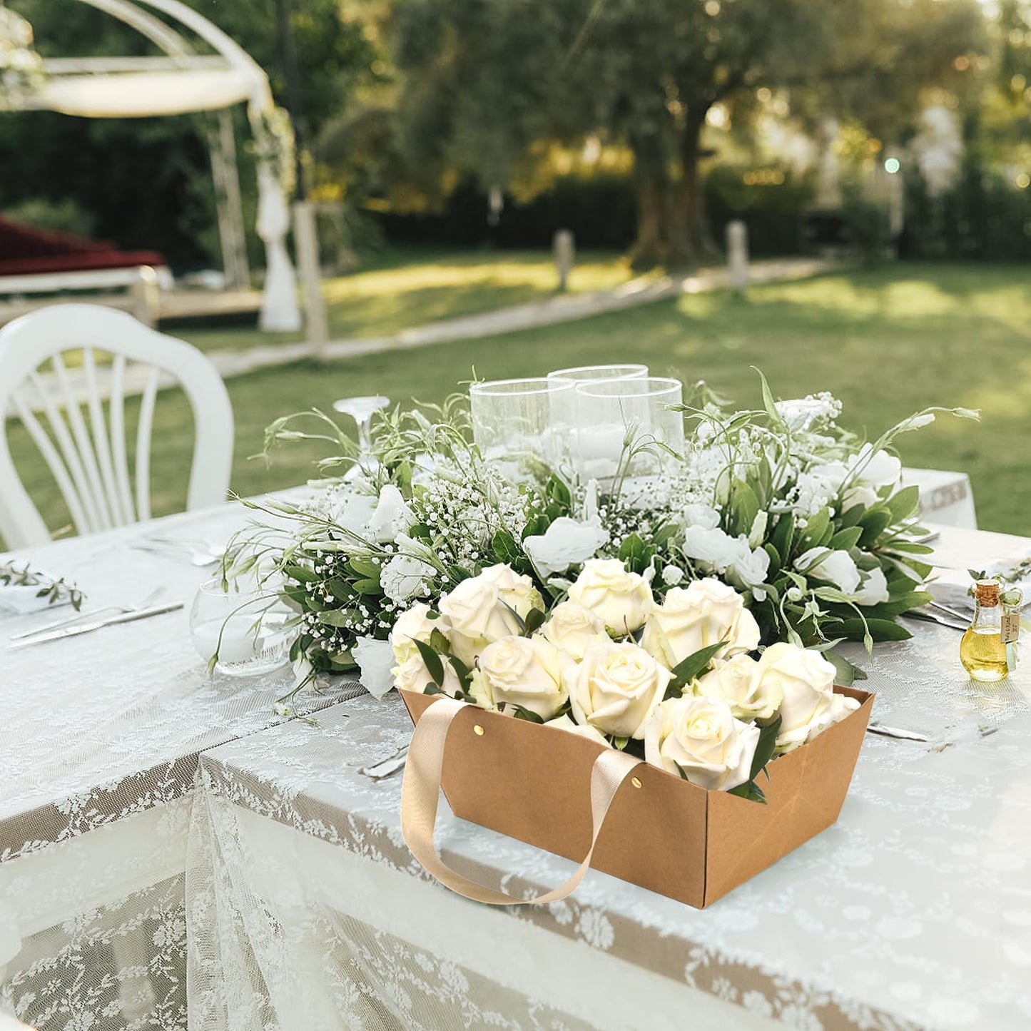 Cedilis 50 Pack Kraft Gift Basket with Handles, 9.8'' x 6.5'' x 4.3'' Empty Paper Basket for Party Gifts, Anniversary, Wedding, Easter, Crafts, Brown