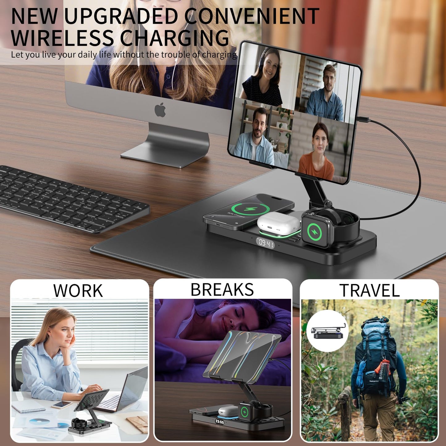 6 in 1 Wireless Charger Compatible for Apple Devices, iPad Charging Station with Digital Time & Night Light for iPhone 17/16/15/14/iWatch/Air-pods/iPad/Tablet Stand Holder