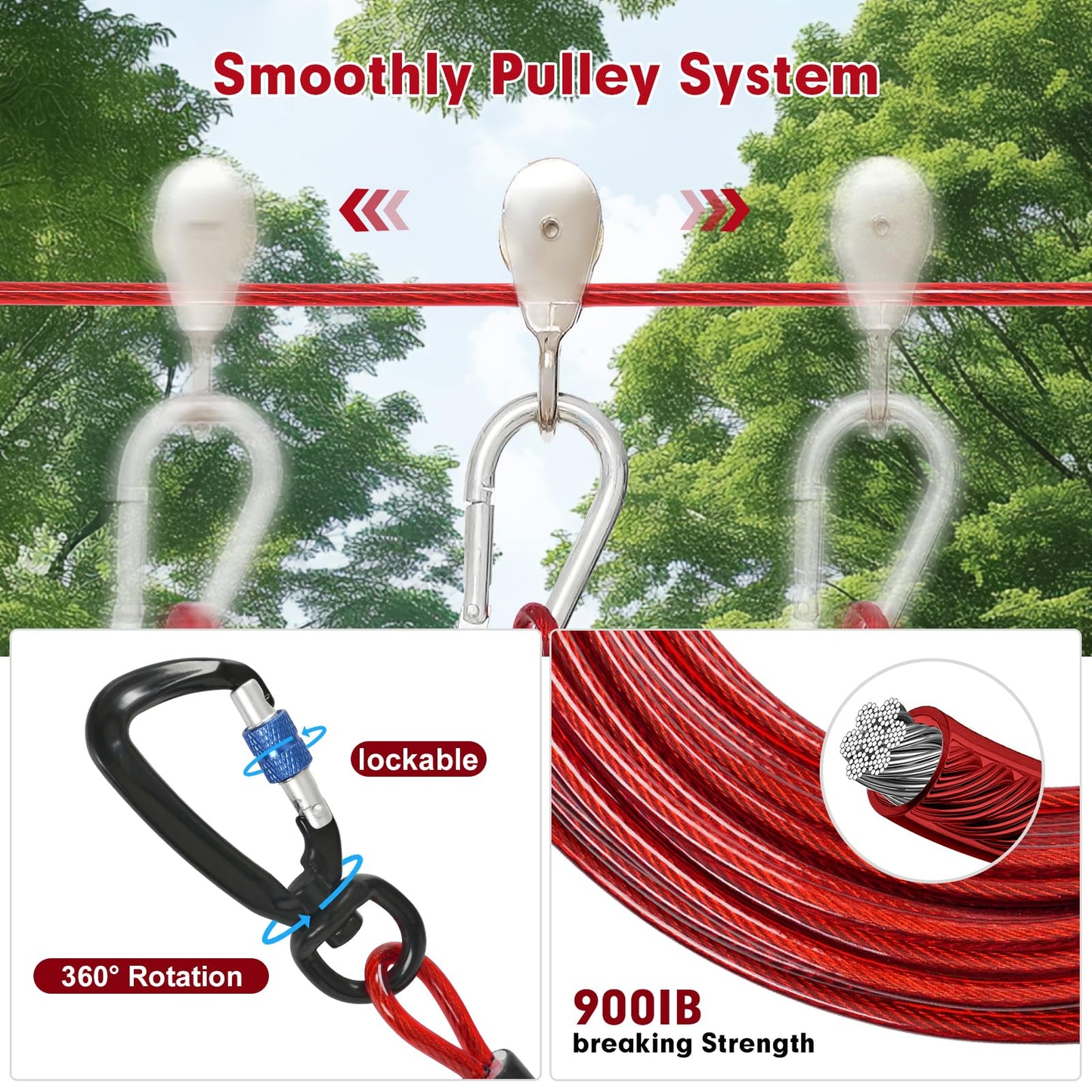 Dog Runner for Yard,Anti-Shock Dog Trolley System 50/75/100/150/200FT,Heavy-Duty Aerial Dog Run Cable with Bungee for Dogs up to 300lbs,Outside Dog Zip line for Backyard,Camping, Park (Red, 200FT)