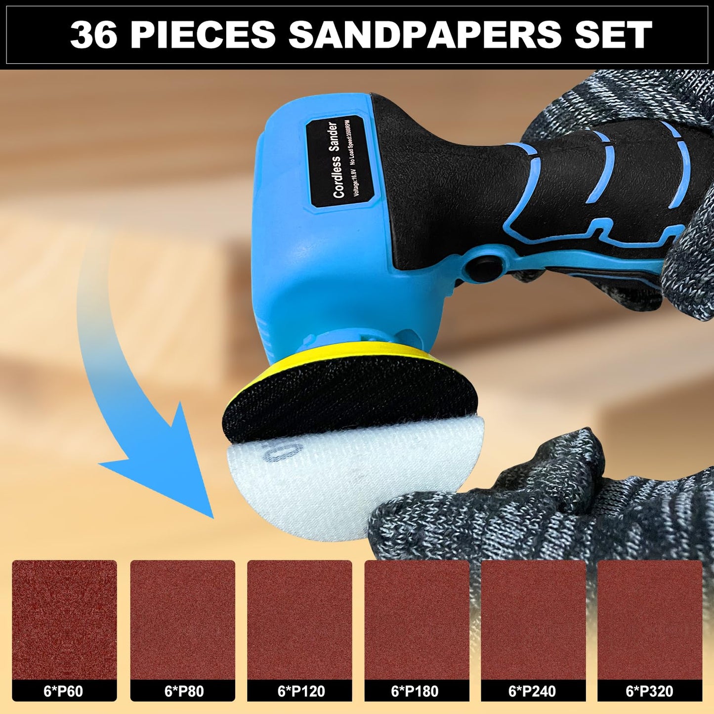 16.8V Cordless Electric Sander with 36PCS Sandpapers, 3500 RPM, 3.0Ah Battery, Lightweight & Compact Design for Wood, Metal, Paint Removal, and DIY Projects