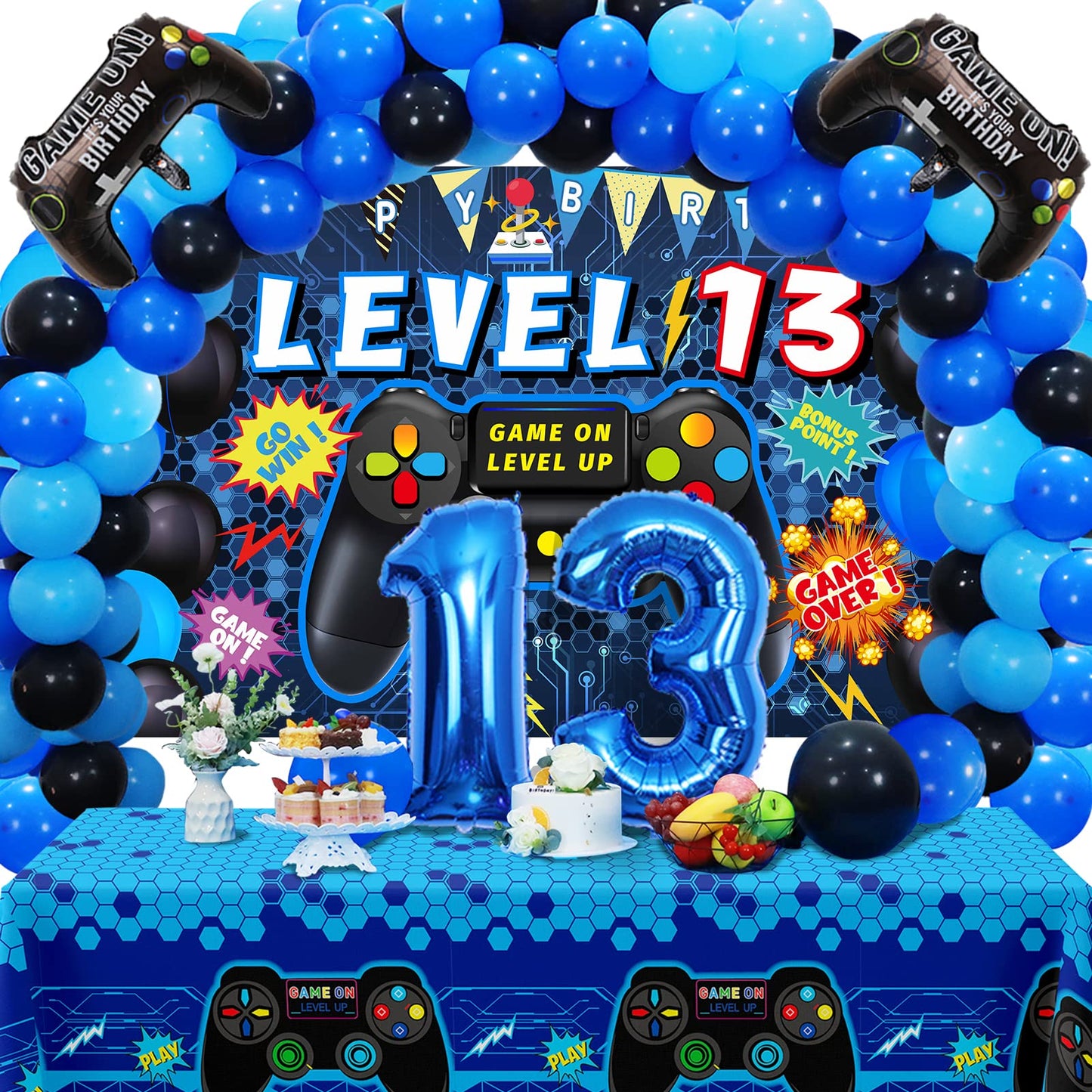 Vlipoeasn 90PCS 13th Birthday Video Game Party Decorations for Boys Set Blue 13th Birthday Supplies-13th Video Game Backdrop, Balloons, Tablecloth, Gamer and 13 Foil Balloons for 13 Years Old