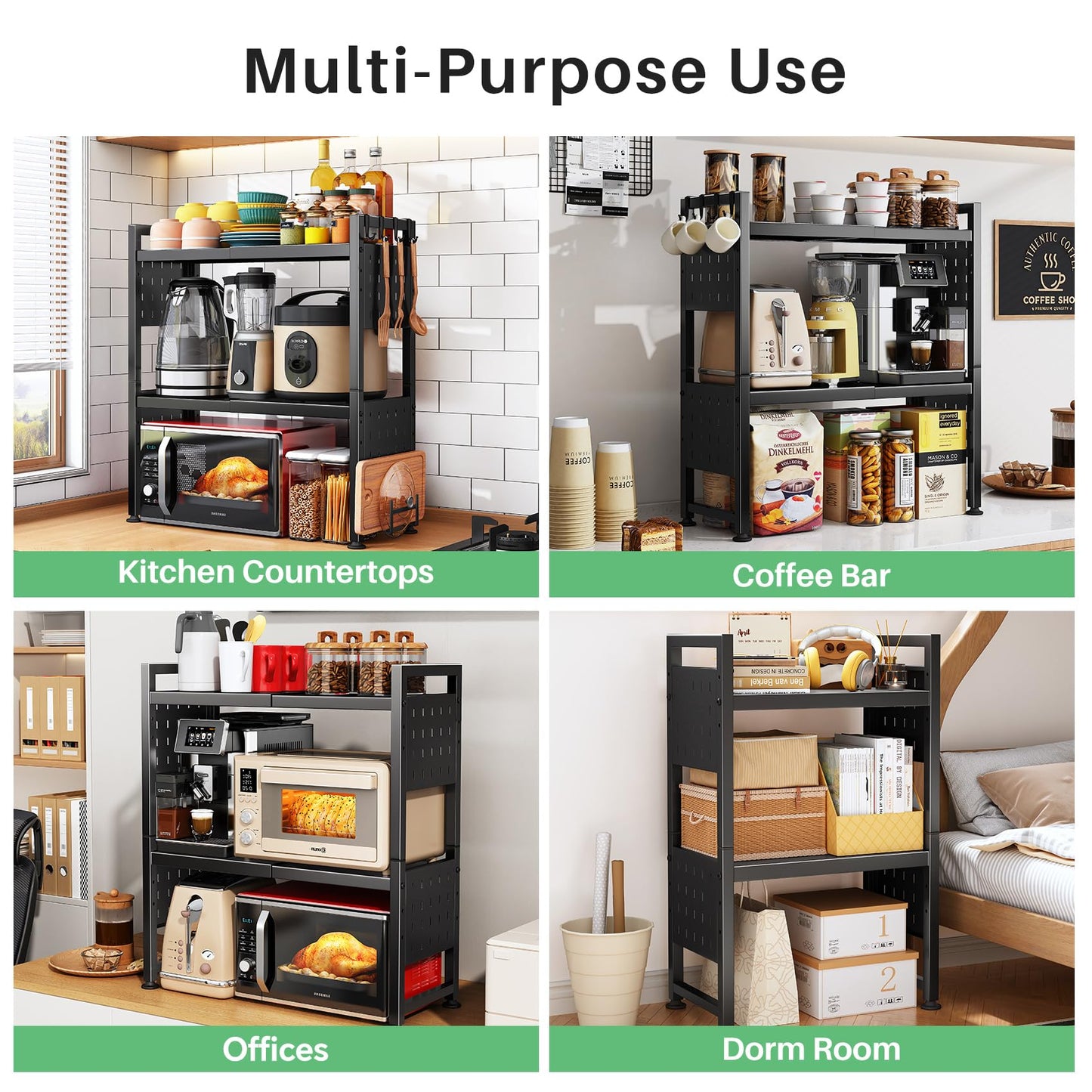 Expandable Microwave Stand,Heavy Duty 3-Tier Adjustable Height Microwave Oven Rack with 9 Hooks, Towel Rack, and Cutting Board Holder, Countertop Kitchen Shelf Organizer, Holds up to 180 lbs, Black