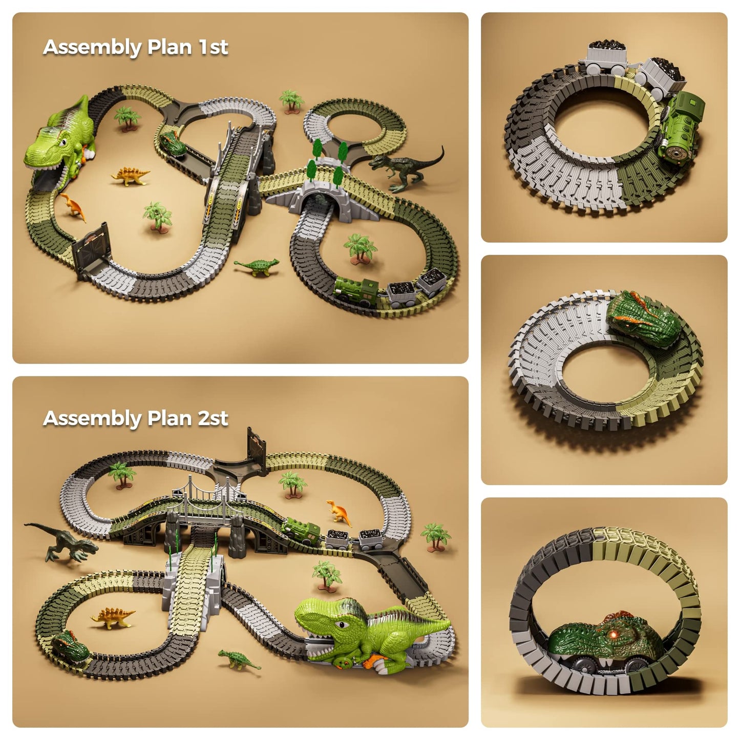 TUMAMA Dinosaur Toys Race Track, 281 Pcs Dinosaur Train Toys for Kids 3-5 5-7, Flexible Train Tracks with 4 Dinosaurs Figures, 2 Electric Race Cars with Light, Create A Dinosaur Road Race for Toddlers