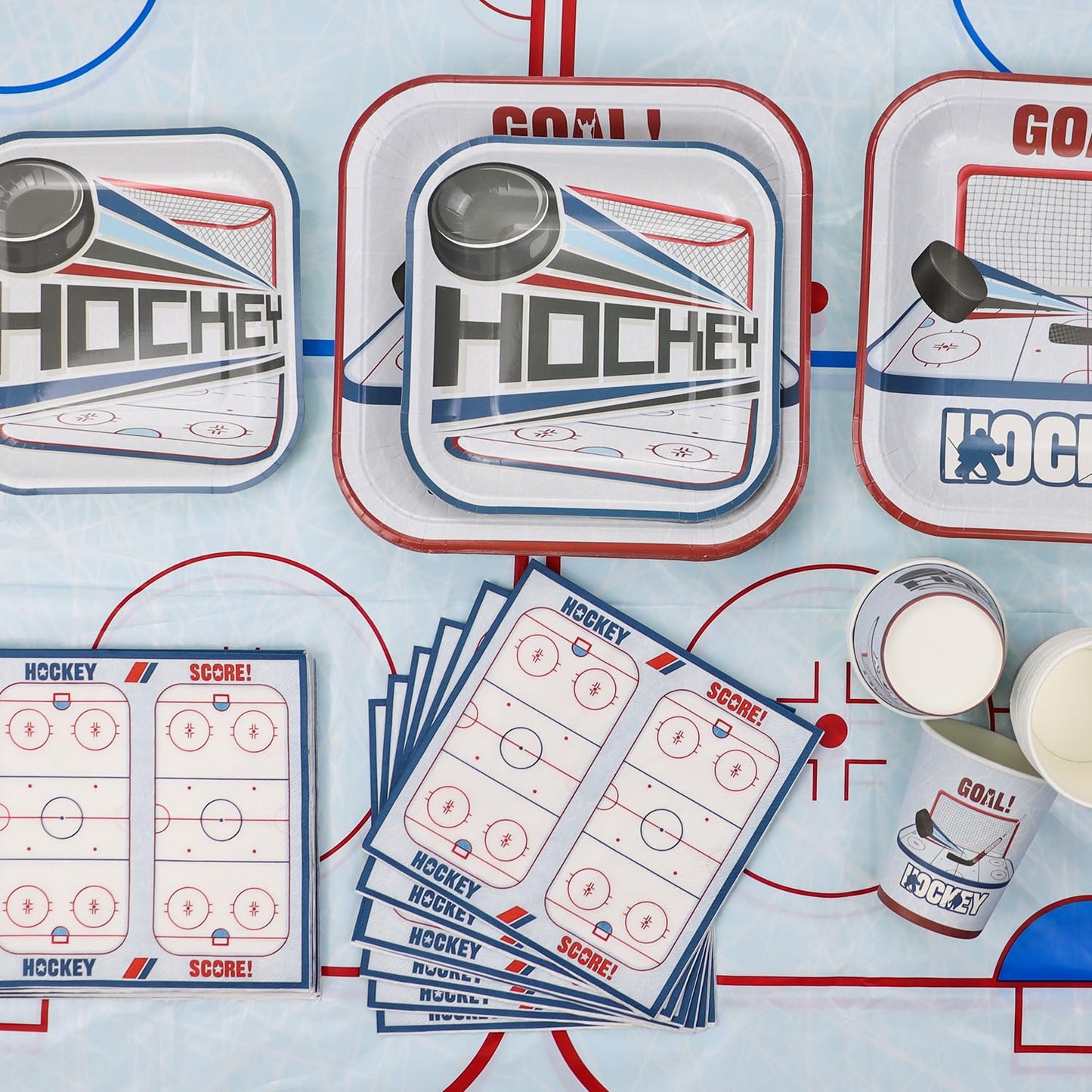 Hockey Birthday Decorations - Ice Hockey Tableware Pack, Disposable Hockey Theme Plates, Napkins, Tablecloth for Kids Fans Sports Hockey Birthday Party Supplies, Serve 40