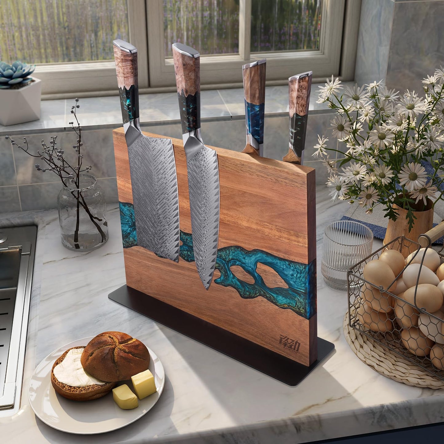 FINDKING Magnetic Knife Block, Double Sided Holder, Powerful Magnet Kitchen Storage, Acacia Wood and Blue Resin (12 x 10 Inches, Without Knives)