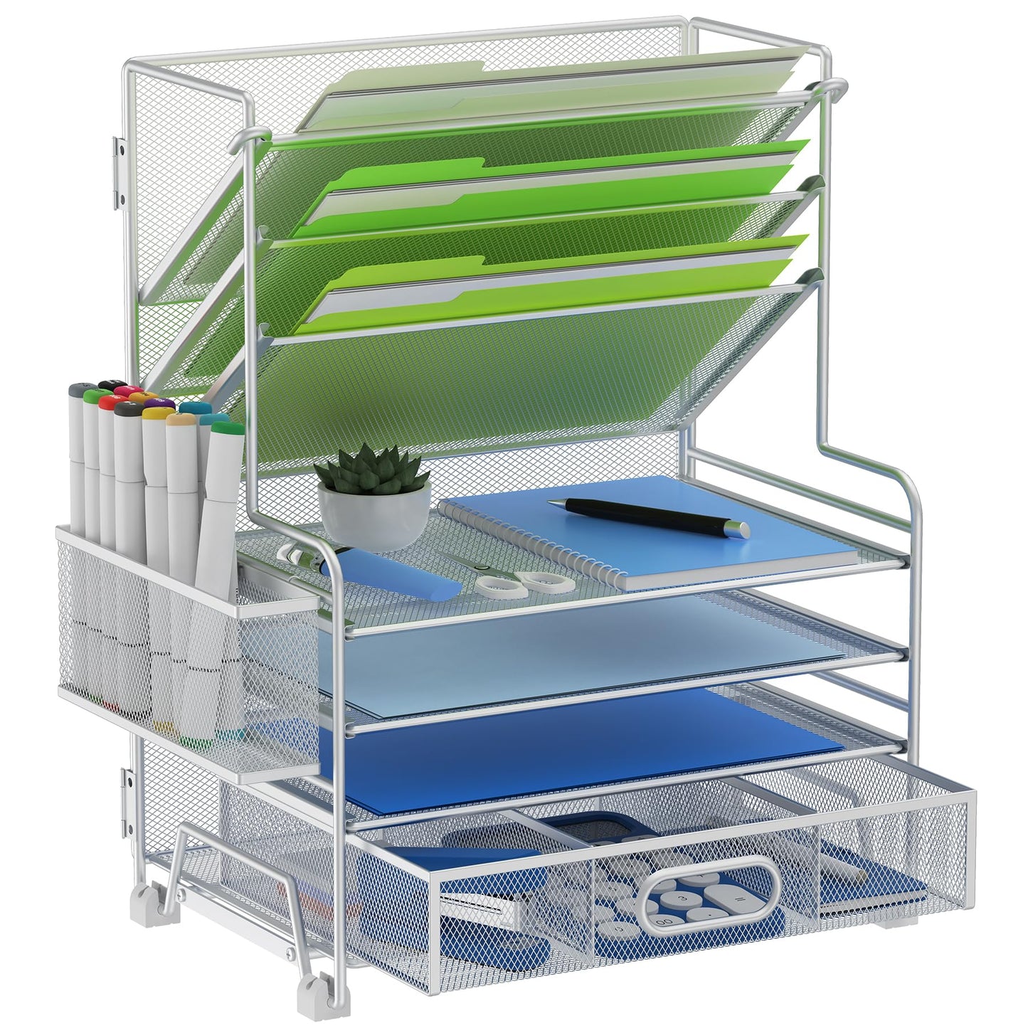 MINDEPOT 4-Tier Paper Organizer + 3-Pocket File Holder + Drawer + Pen Holders, Desktop File Organizers Paper Tray for Office Supplies School Classroom Organization (Silver, with Drawer & Pen Holder)