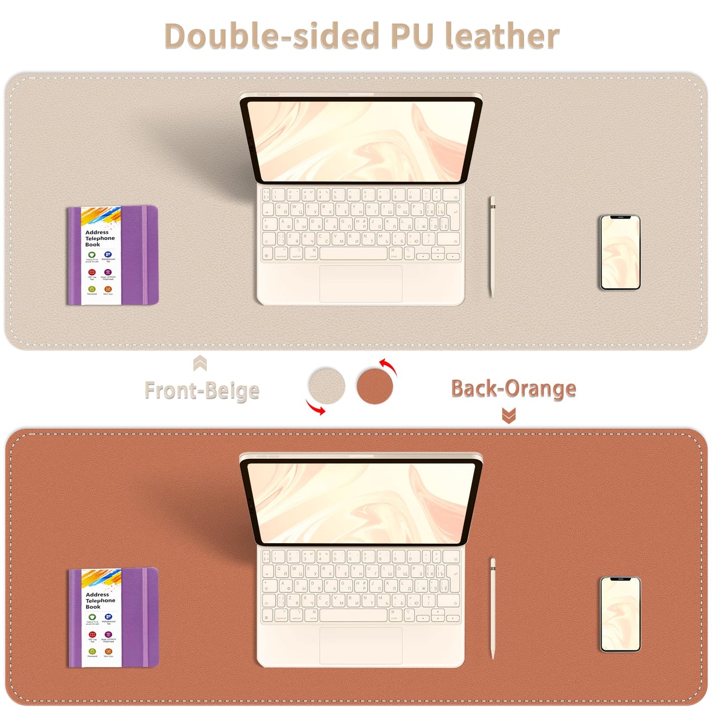 Dual-Sided Desk Mat, Large Desk Pad, Waterproof Smooth PU Leather Desk Blotter Protector Mouse Pad, Desk Organizers, Office/Home Table Decor for Reading and Writing (Beige+Orange, 47.2''×23.6'')