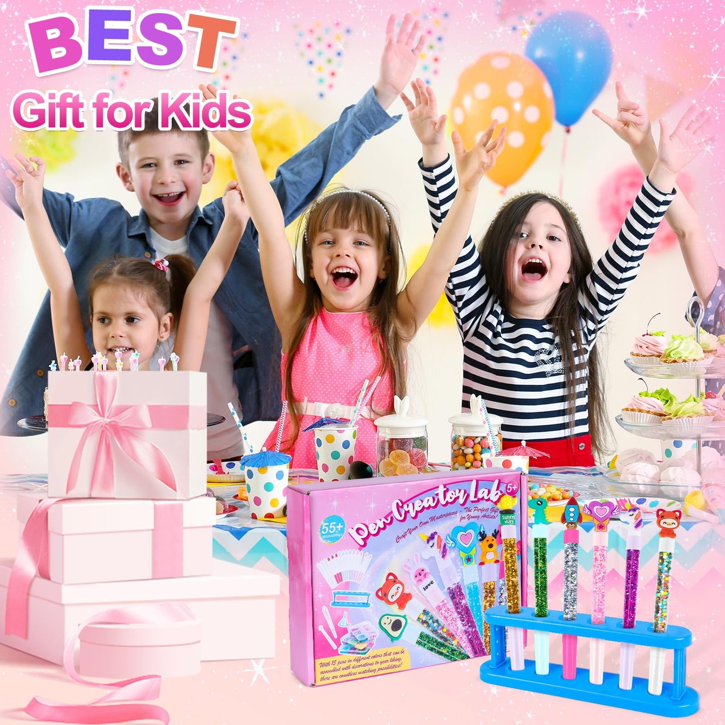 Subao DIY Pens Marker for Kids, Glitter Gel Pens Kits 15 Pack, Create Your Own Cute Pen, Creative Personalized Pen Set, Art and Craft Kits for Girls Boys Birthday Christmas Gifts