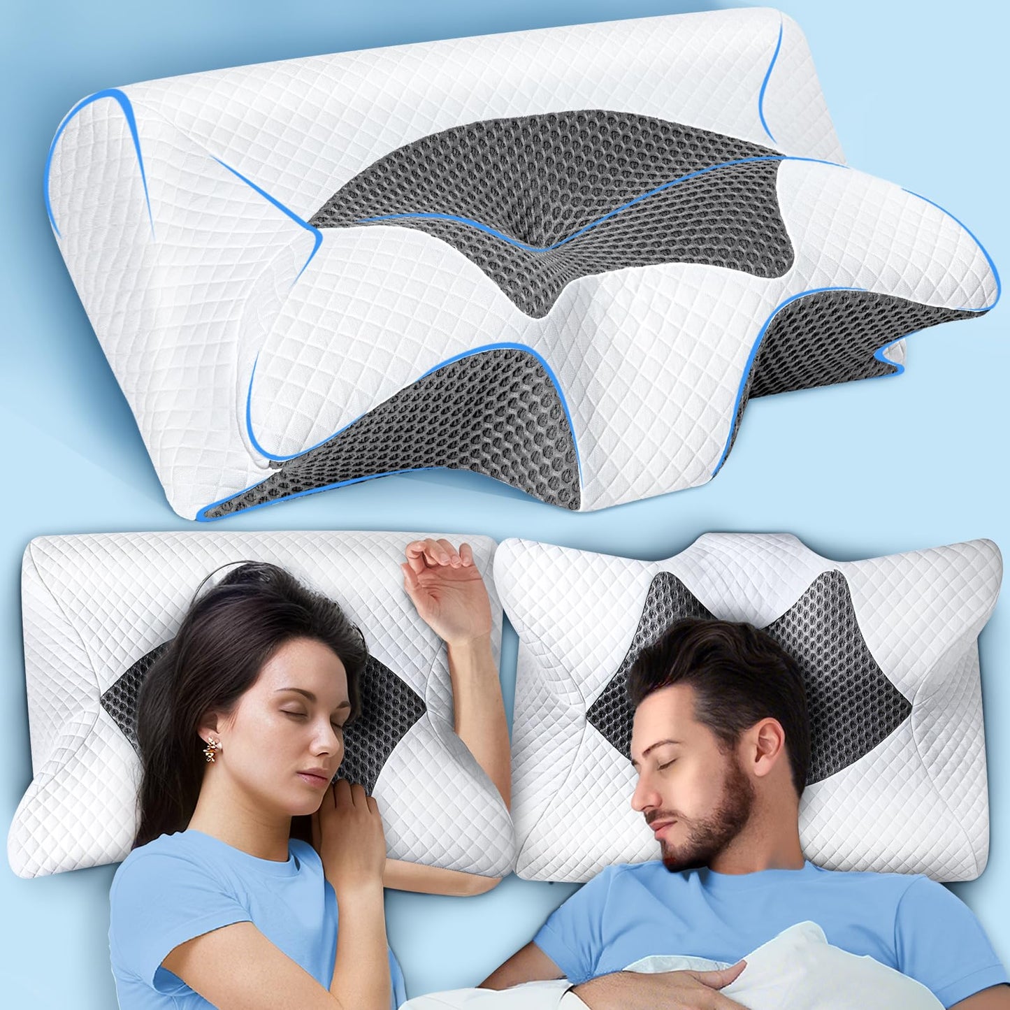 SAHEYER Cervical Neck Pillow, Ergonomic Memory Foam Pillow for Neck Pain Relief, 2 in 1 Support Pillow for Side, Back and Stomach Sleeper with Breathable Pillowcase (Gray)