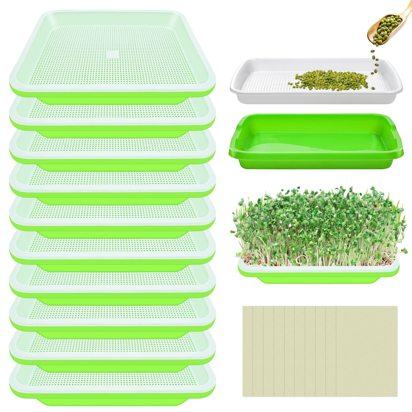 Legigo 10 Pack Green Seed Sprouter Trays- Soil-Free Cultivation Germination Tray, BPA Free Nursery Tray with Planting Paper for Indoors or Outdoors Sprouting Seeds, Grow Grass, Beans