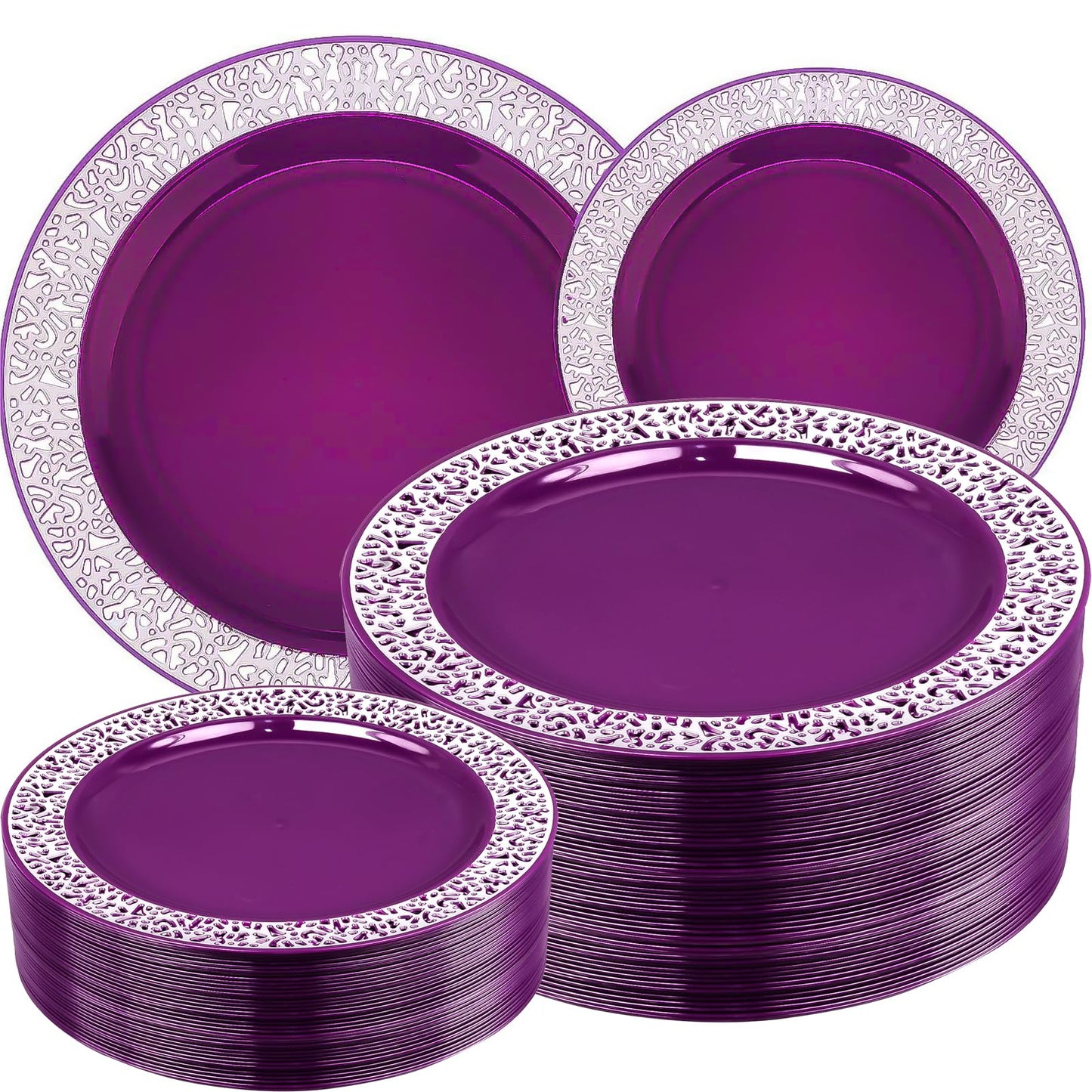 100Pcs Purple Silver Plastic Plates, Disposable Party Plates with Silver Lace, Heavy Duty Fancy Wedding Party Supplies Include 50 Dinner Plates 10.25" and 50 Dessert Appetizer Plates 7.5"