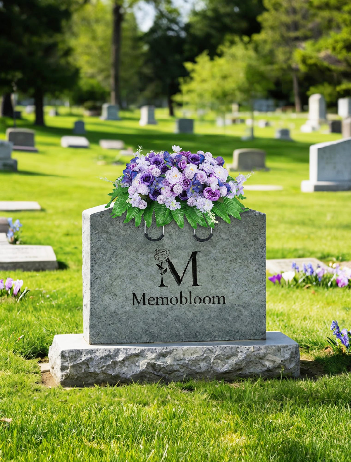 Memobloom Cemetery Flower Saddles for Headstones: Purple Flowers Artificial Outdoors Grave Decorations Spring Easter Memorial Day - Fake Rose Camellia Tombstone Flowers Saddle for Cemetery Gravestone