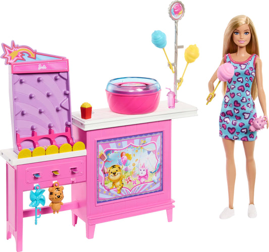 Barbie Mysteries: Beach Detectives Barbie “Malibu” Doll & Cotton Candy Game Booth Playset with 20 Accessories Including Prizes