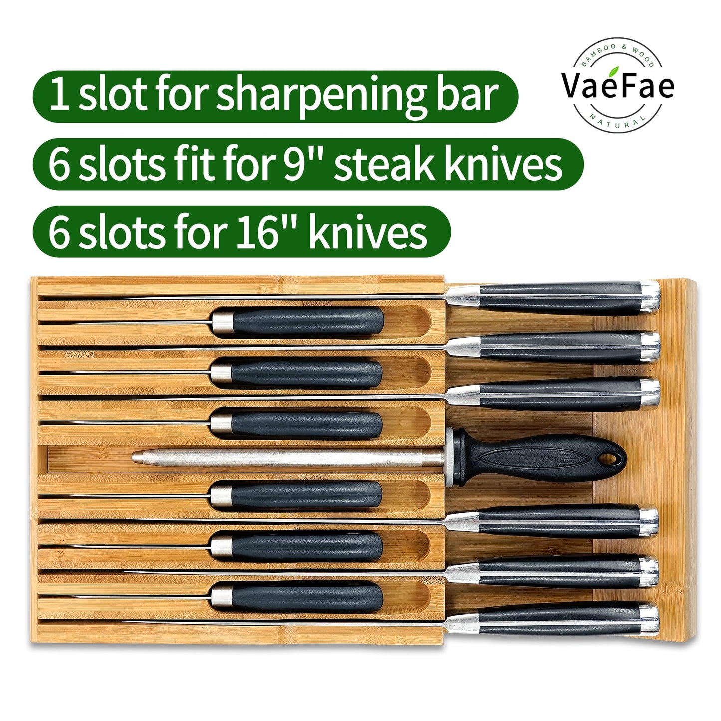 VaeFae Bamboo Knife Drawer Organizer Insert, Kitchen Drawer Knife Block for 12 Knives and a Plus Slot for Your Knife Sharpener (Without Knives)