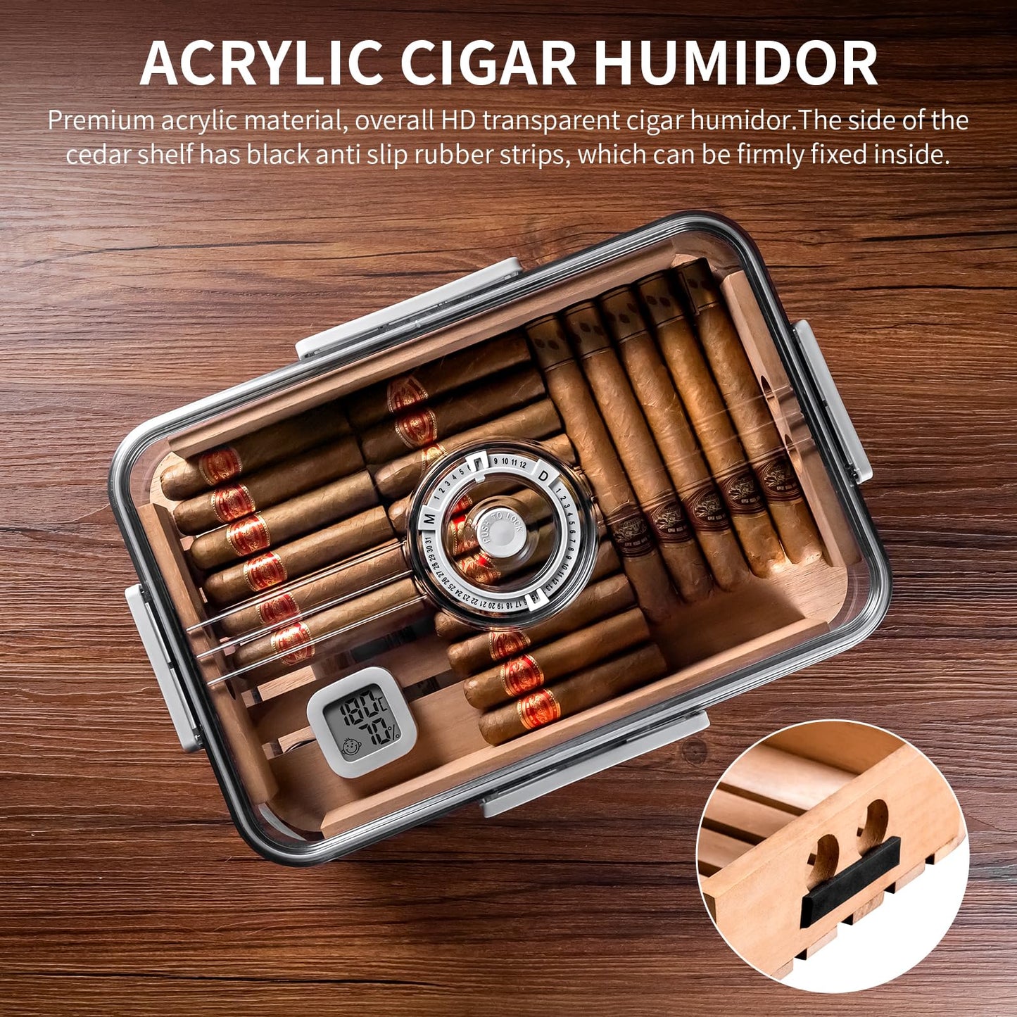 CIGARLOONG Cigar Humidor Large Accommodate 100 Cigars,Built-in Cedar Wood Shelf with High Precision Hygrometer Transparent Cigar Storage Box