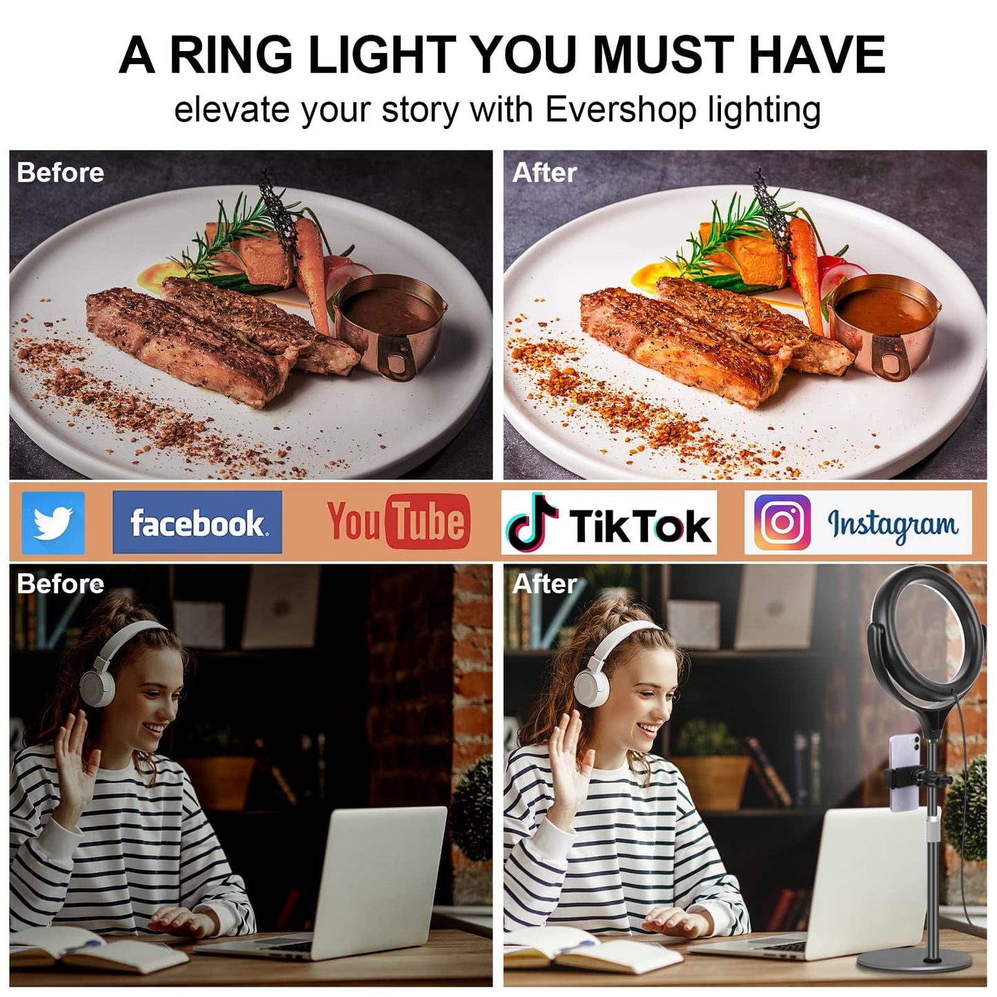 Desk Ring Light with Stand and Phone Holder-Laptop Ring Light for Zoom Meeting-Computer Light for Video Conferencing-Led Streaming Light for YouTube Tiktok Vlogging Video Recording Makeup (Black)