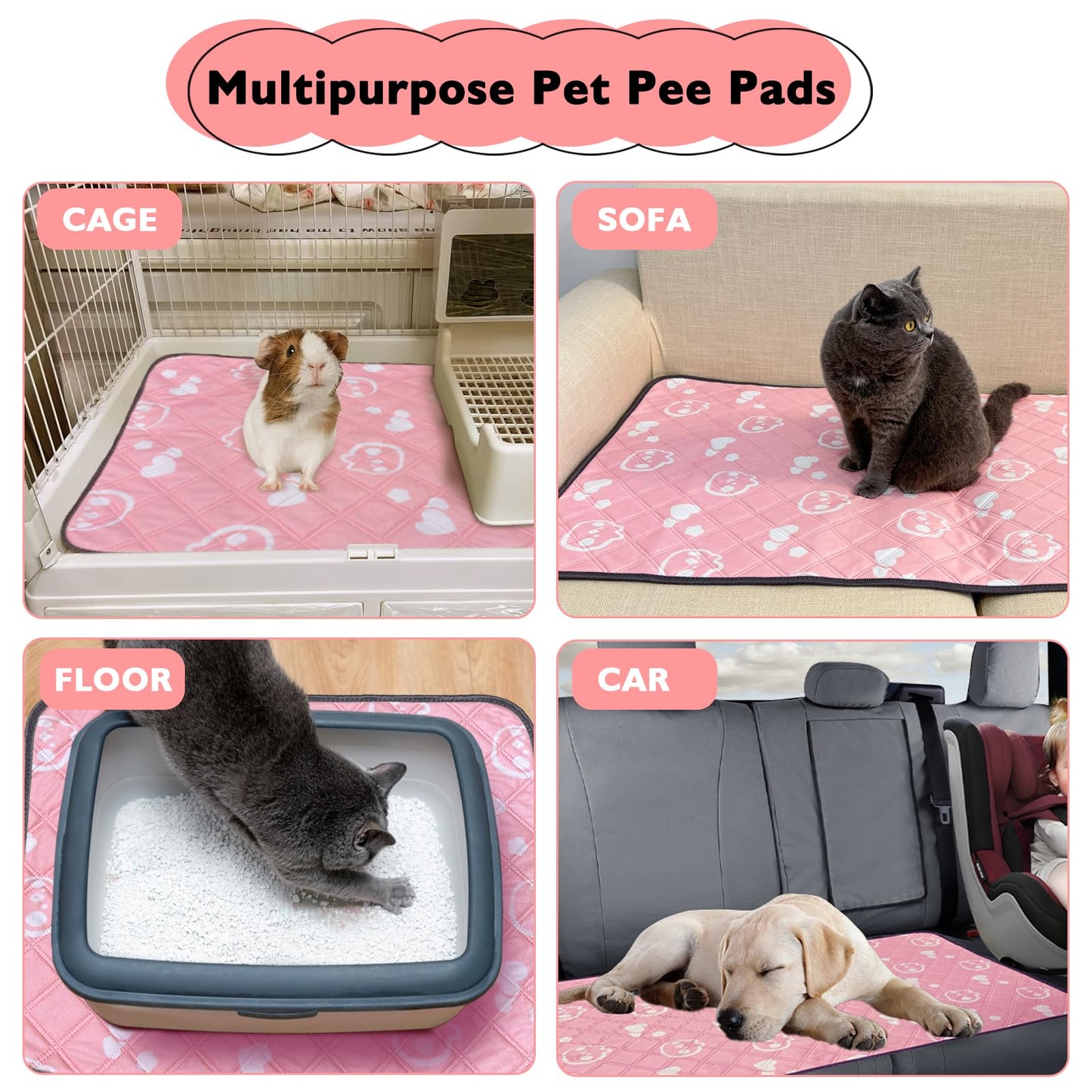 Mooydee 4 Pack Guinea Pig Bedding - Washable Guinea Pig Liners for Midwest Cage, Waterproof Reusable Pee Pads Super Absorbent Mats for Small Animals Pet Rabbit Bunny Hamster Rat (Pink, 48 x 24 Inch)