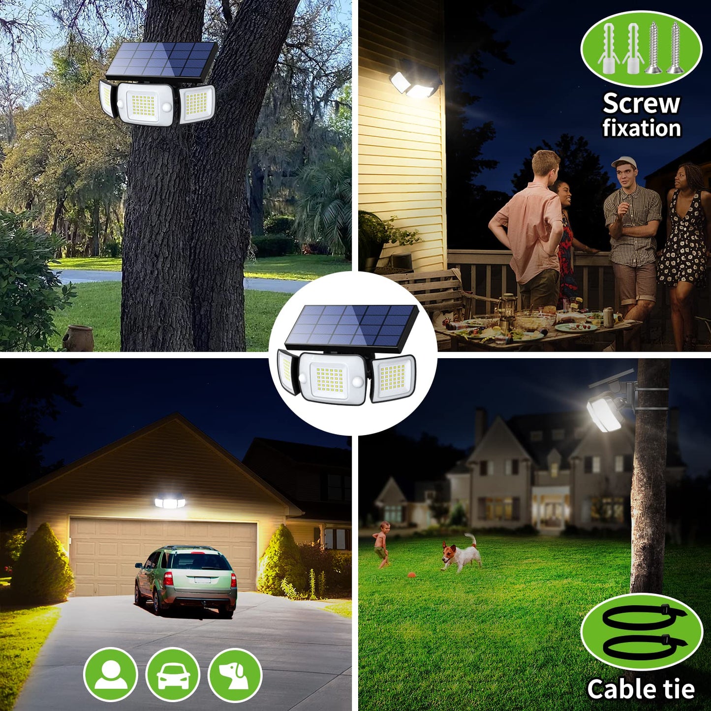 Intelamp Solar Motion Sensor Lights Outdoor, 3-Head LED Security Flood Light, 6000mAh 1200LM Dual PIR, IP65 Waterproof, Adjustable Solar Wall Light for Garage Yard Driveway Patio