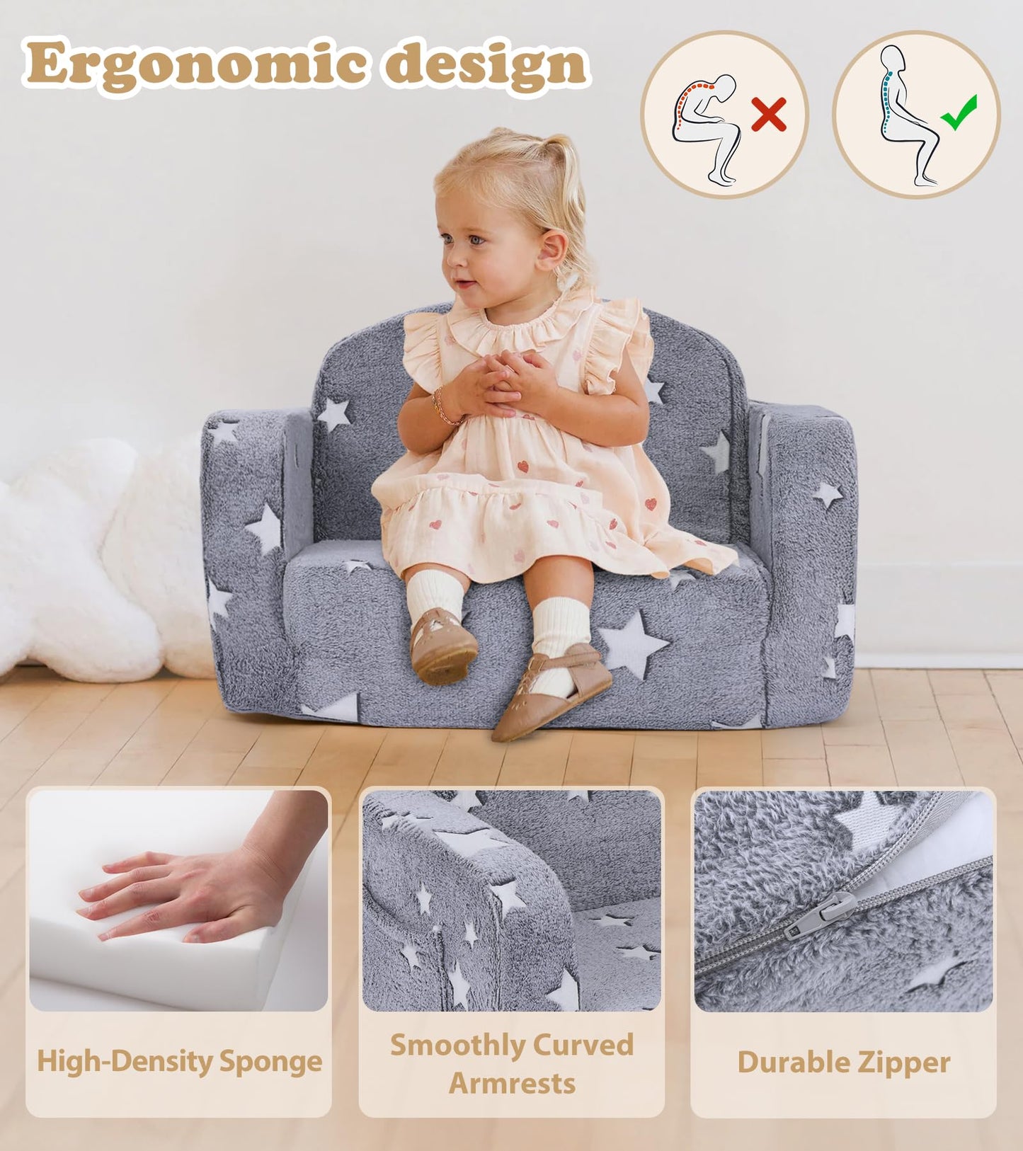 Kids Couch, 2-in-1 Soft Toddler Couch Fold Out with Blanket and Cloud Pillow, Glow in The Dark, Toddler Chair Comfy, Convertible Sofa, Gifts for Kids Girl Boys, Grey Star