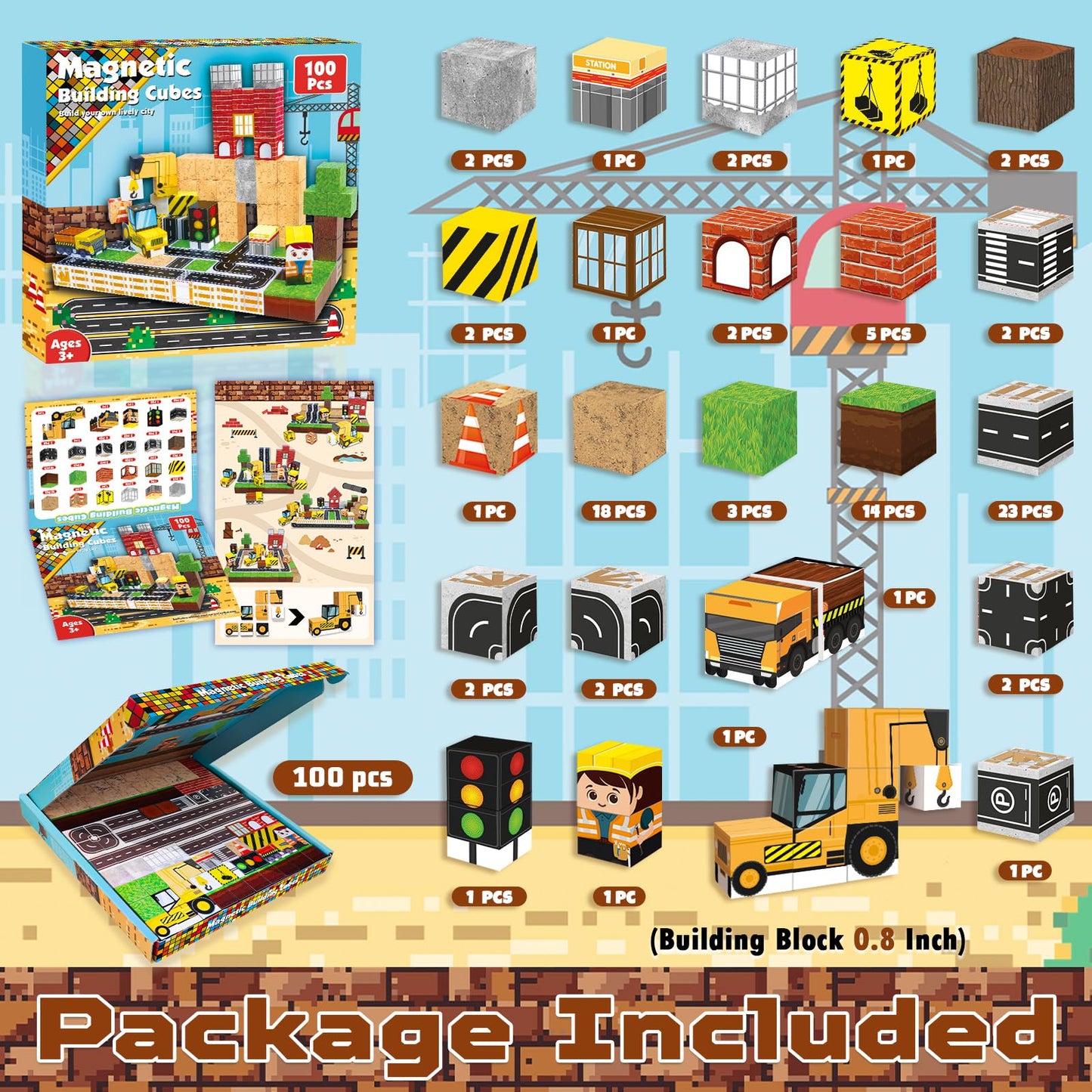 Annexfun 100PCS Magnetic Building Blocks, Road Construction Toy Magnetic Cubes with Car for Kids, STEM Learning Toys Christmas Birthday Easter Gifts for 3 4 5 6 7 8 9 Year Oold Boys Girls Building Toy