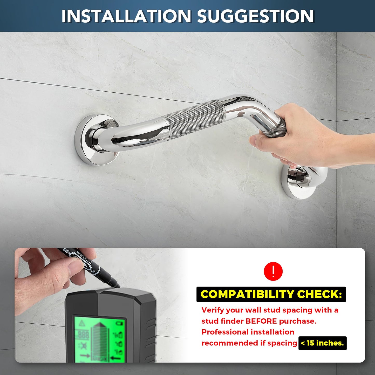 Grab Bars for Bathtubs and Showers- 1-1/4 x 16 Angled Shower Grab Bar for Seniors Knurled Stainless Steel Handicap Grab Bars for Wall (Polished Nickel, 1 Pack)