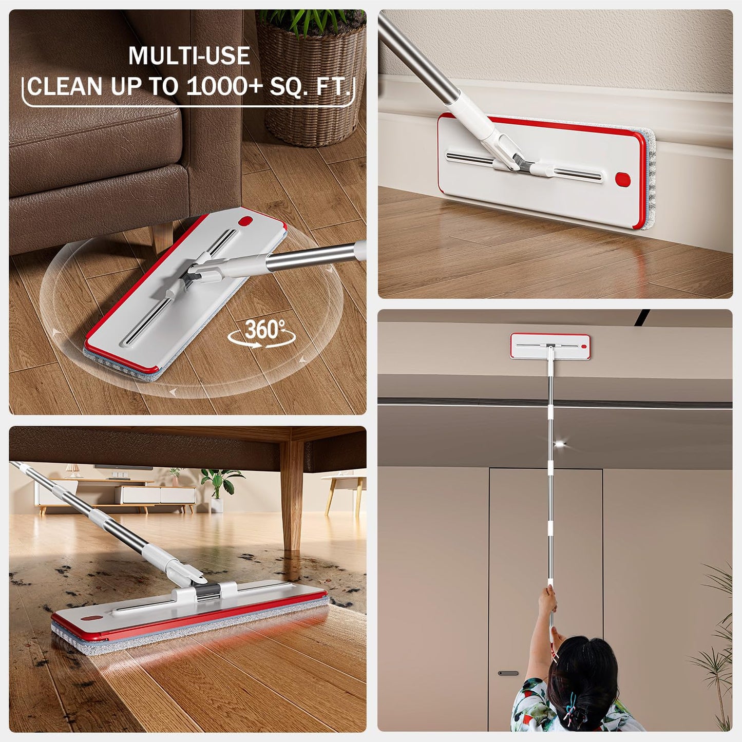 Mop and Bucket Set, 3-Tank Flat Mop and Bucket System for Separate Dirty & Clean Water, 65" Mops for Floor Cleaning with Washable Pads (Flat Mop Bucket with 4 Pad)