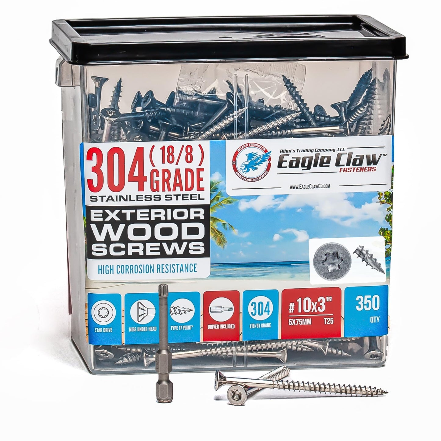 #10 x 3 Inch Stainless Steel Deck Screws 350 Pieces | T25 Star Torx Drive Flat Head | 304 Grade Stainless Steel Wood Screws High Corrosion Resistance by Allen's Trading Co. Eagle Claw Fasteners