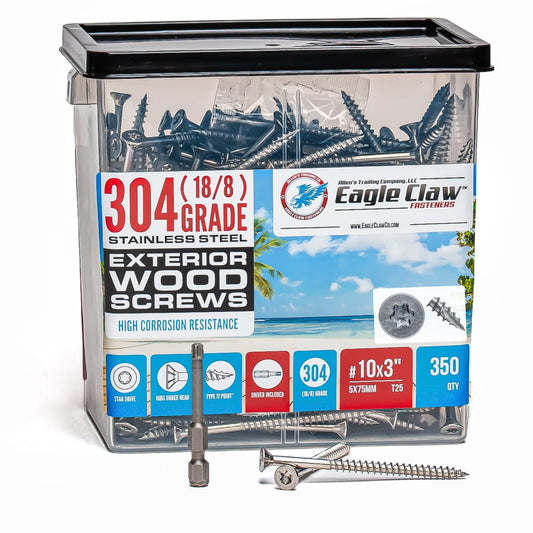 #10 x 3 Inch Stainless Steel Deck Screws 350 Pieces | T25 Star Torx Drive Flat Head | 304 Grade Stainless Steel Wood Screws High Corrosion Resistance by Allen's Trading Co. Eagle Claw Fasteners