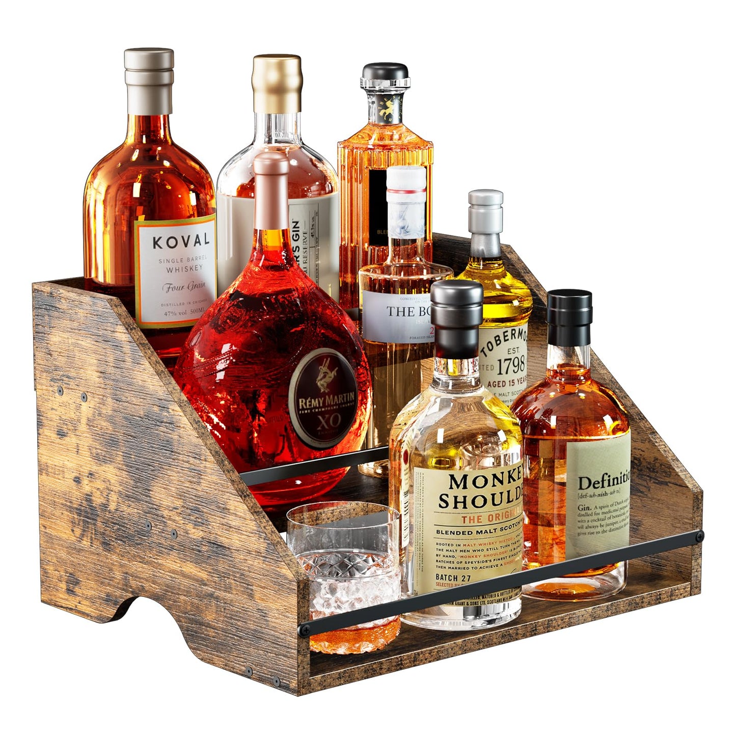 Nuovoware Liquor Bottle Display Shelf, Coffee Syrup Organizer, 3 Step Countertop Liquor Wine Rack, Home Retro Shelf Stand for Mini Bar, Cabinet, Bar Essentials for Whiskey, Spirits, Wooden