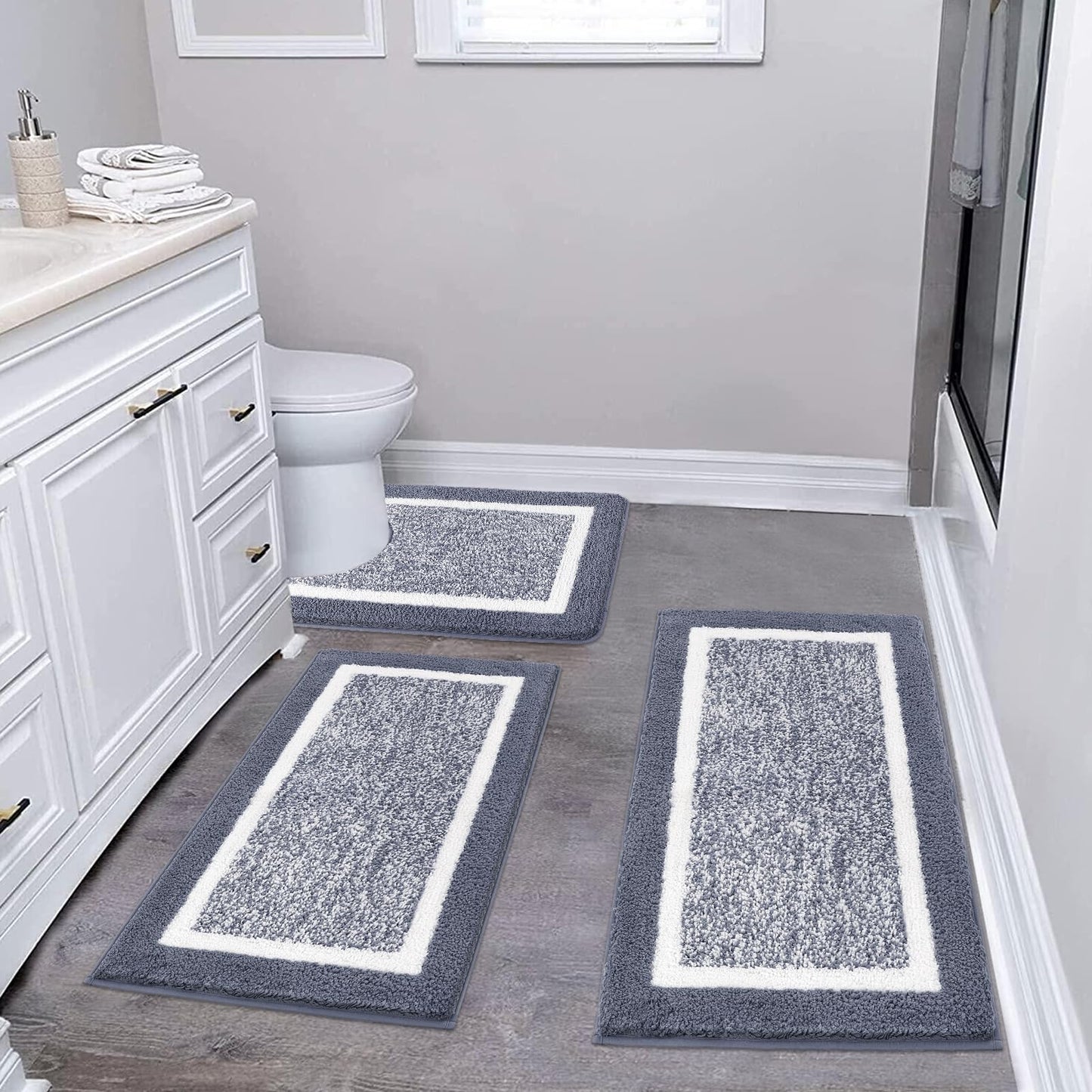 Pauwer Bathroom Rugs Sets 3 Piece Non Slip Bathroom Shower Rugs with U-Shaped Contour Toilet Mat Absorbent Microfiber Plush Bath Mats Machine Washable Shaggy Bath Rugs Christmas Floor Mats Carpet