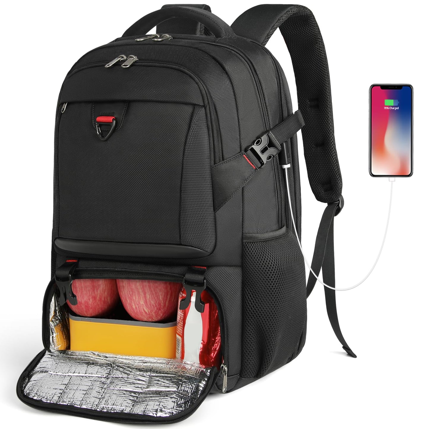 Lunch Backpack, 17.3 Inch Laptop Backpack with USB Charging Port 50L Travel Backpack for Men Women Work Backpack with Insulated Bag Waterproof Computer Backpack for College School Business, Black