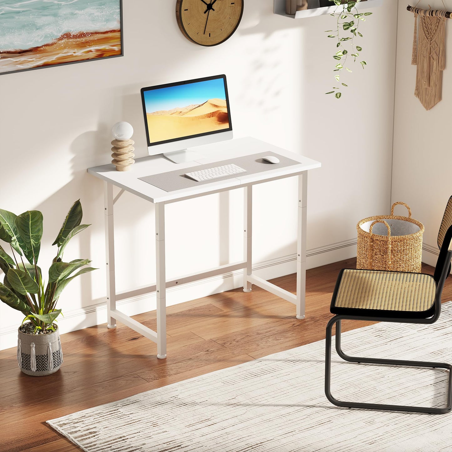 Flrrtenv 23.6 Inch Computer Desk, Small Writing Study Desk with Sturdy Metal Frame, Gaming Table with Desk Pad for Home Office, White