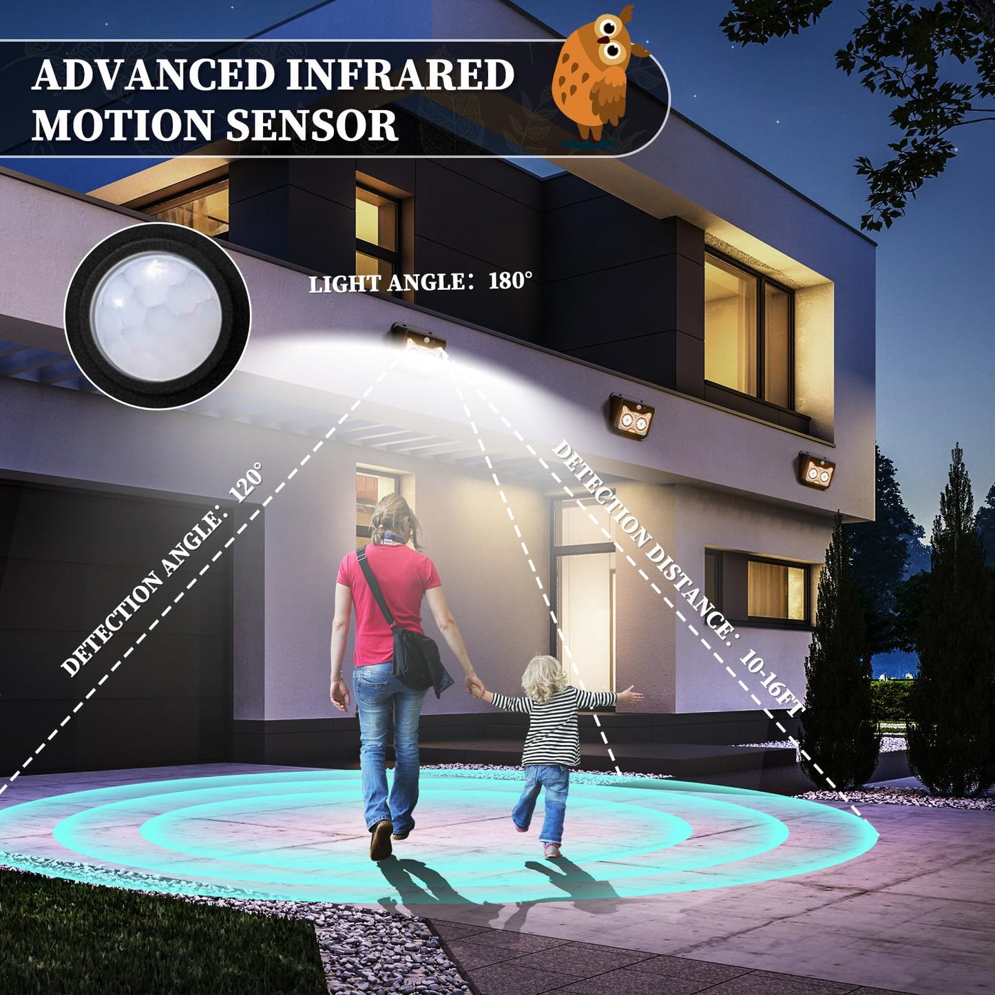 Solar Motion Sensor Lights Outdoor, Owl Shaped Warm White Waterproof Solar Powered Wall Lights, 3 Lighting Modes Security Flood Lights for Outside Deck, Fence, Yard, Garden, Step, Porch, Door -6 Pack