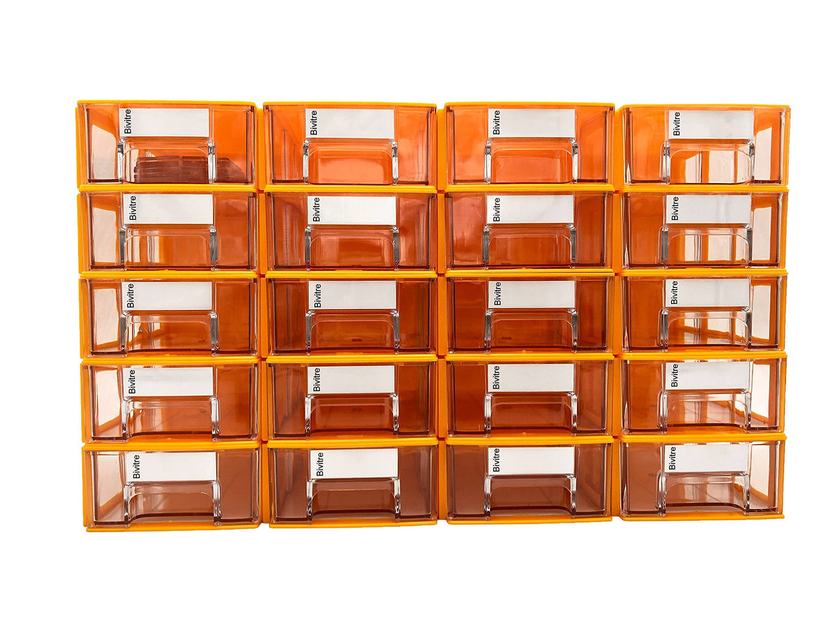 Stackable Storage Drawer Set of 20 - Plastic Drawers with Dividers and Paper Labels, Mini Drawer Organizer (ORANGE)