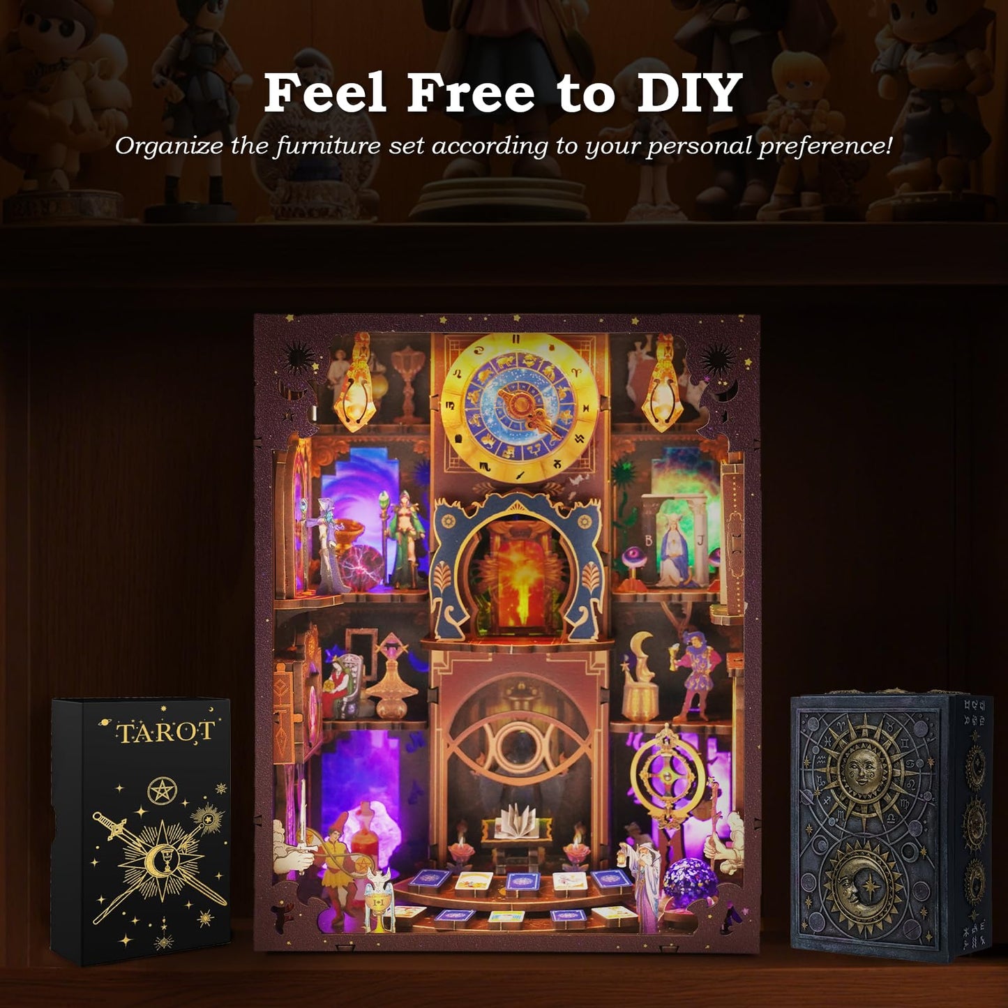 Book Nook Kit - DIY Miniature Dollhouse with LED Lights for Adults & Teens, Fantasy Tarot-Themed 3D Wooden Bookshelf Decor, for Craft Lovers
