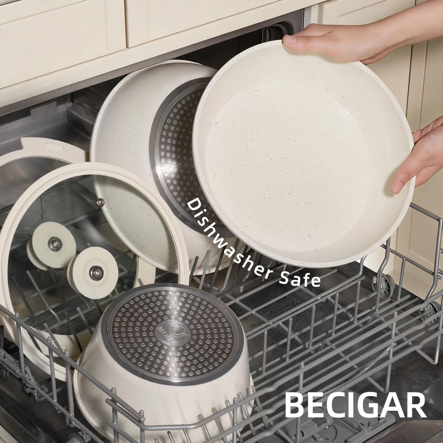 BECIGAR 8pcs Ceramic Pots and Pans Set, Non Stick Cookware Set, Detachable Handle Cookware, Induction Kitchen Cooking Set with Removable Handle,Oven Safe, Induction Fast, Stackable Cookware Set