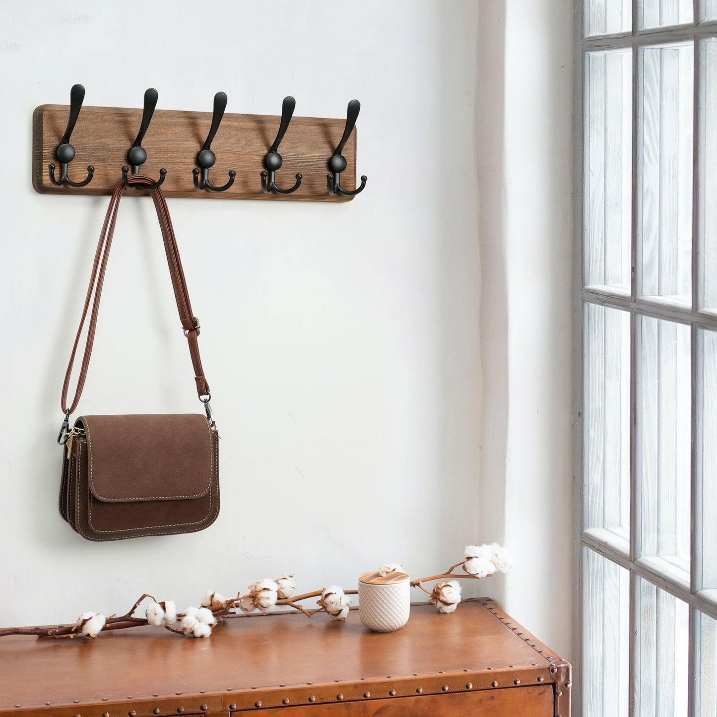 WEBI Coat Rack Wall Mount,Coat Hooks Wall Mounted,16'' Hole to Hole,Wood Coat Hanger Wall,Hook Rack Rail,5 Triple Hooks for Hanging Coats,Jacket,Clothes