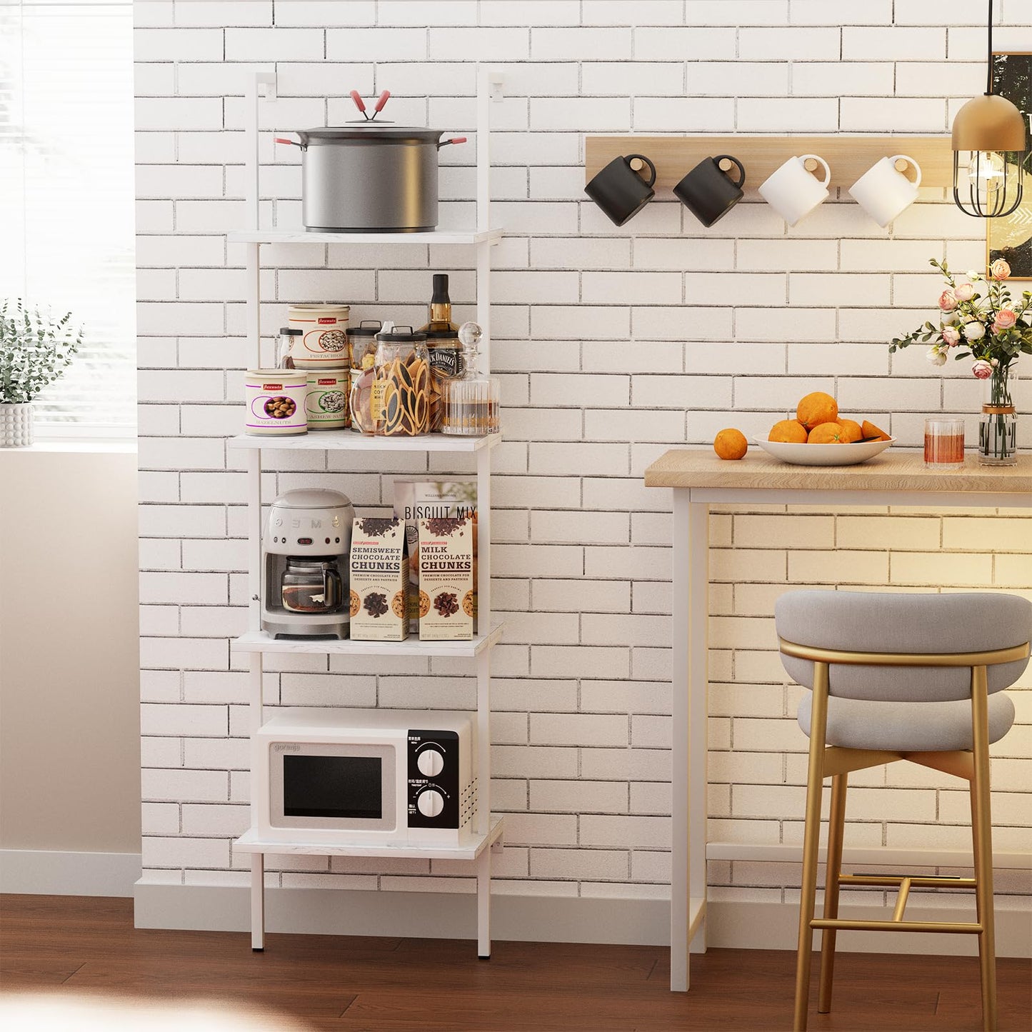 Ladder Shelf 4 Tiers Metal Industrial Bookshelf,White Wooden Tall Open Storage Rack and Display Shelves,Wall Mount Wide Bookcase for Home Office Bedroom,Small