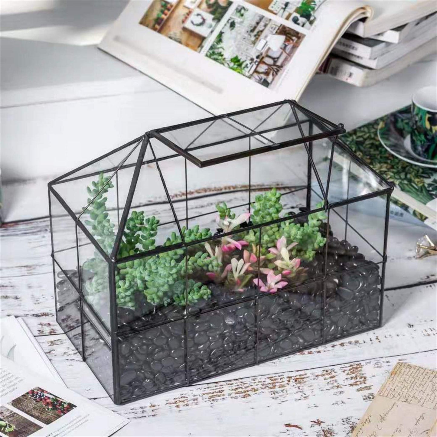 NCYP Geometric Terrarium Planter - 25x13.5x20 cm - Grid House Shape Glass Terrarium Box for Succulent Cacti Air Plants, Modern Indoor Tabletop Centerpiece, Flower Pot, Black (No Plants)