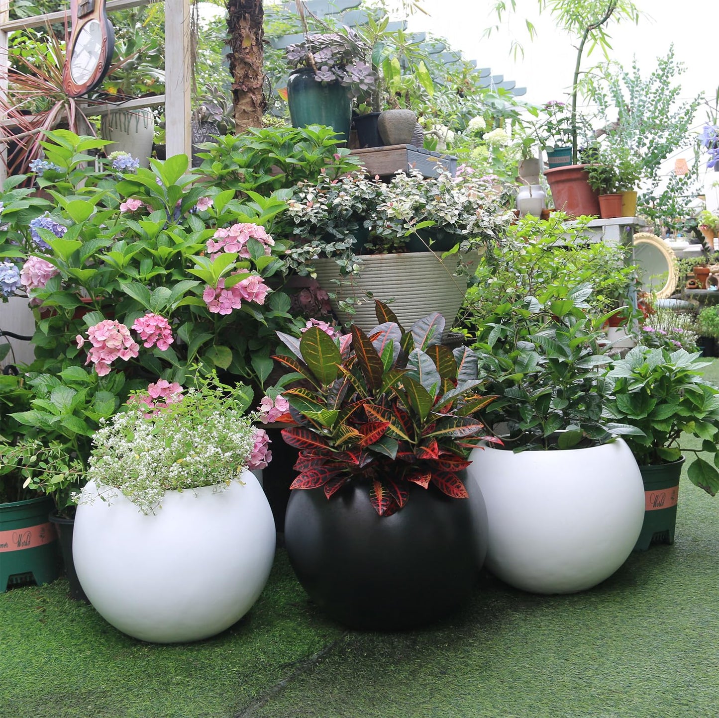 13.5 H x 17" Dia (12" Pot Opening) Round Fiberstone Planter with Drainage Hole, Black, Indoor/Outdoor Large Plant Pot for Home Patio Garden, Ideal for Large Plants