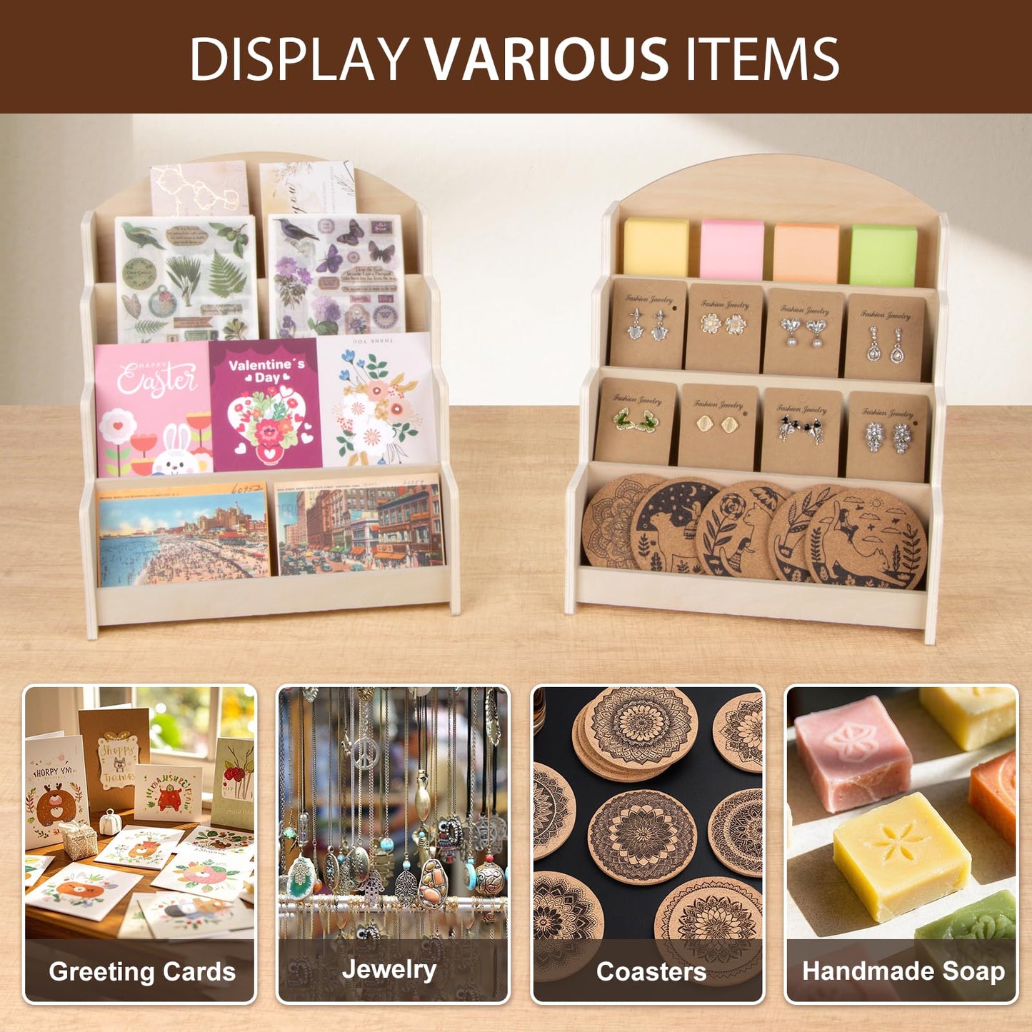 Greeting Card Display Stand, Wooden 4-Tier Postcard Display Stand Holder for Sticker, Vendors, Retail Stores, Beige