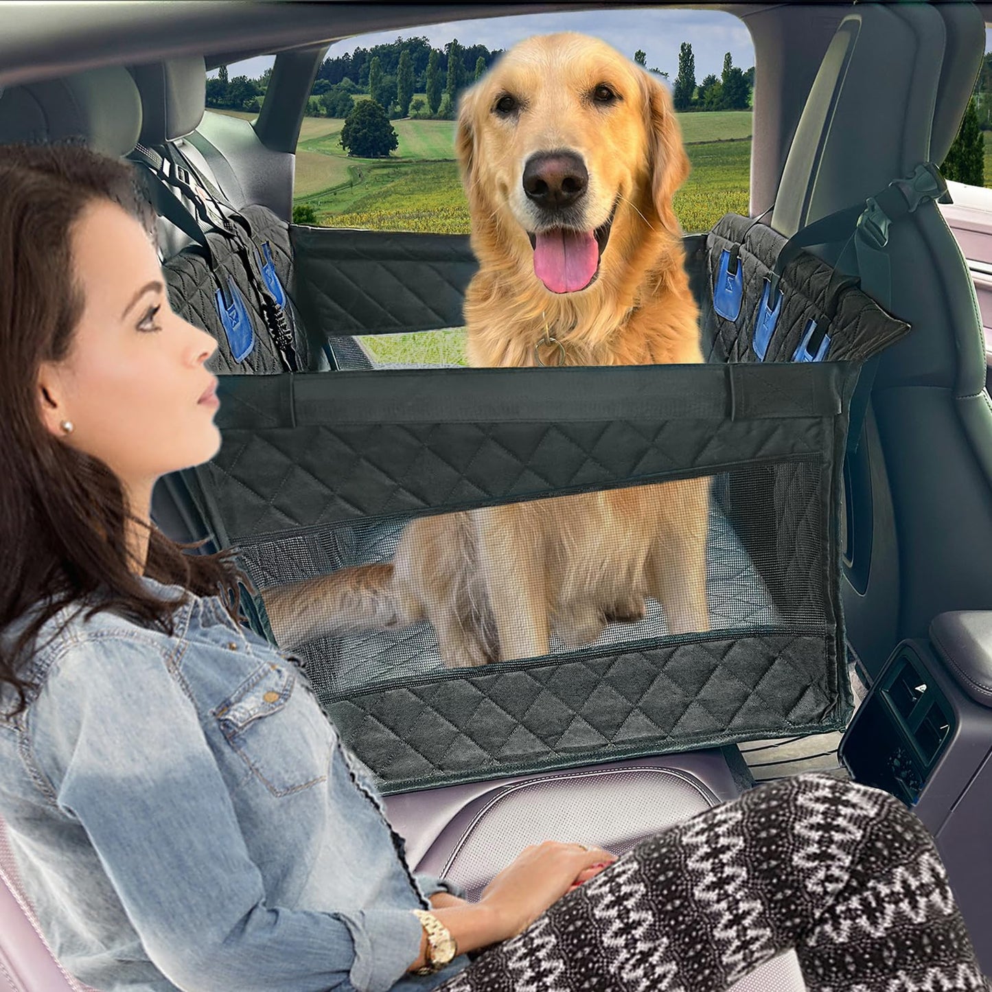 WheComd Dog Car Seat for Back Seat Half – Waterproof Hammock Style Cover for Medium to Large Dogs, Non-Slip, Hard Bottom, Mesh Window & Pocket – Fits Cars, SUVs, and Trucks (Black-L)