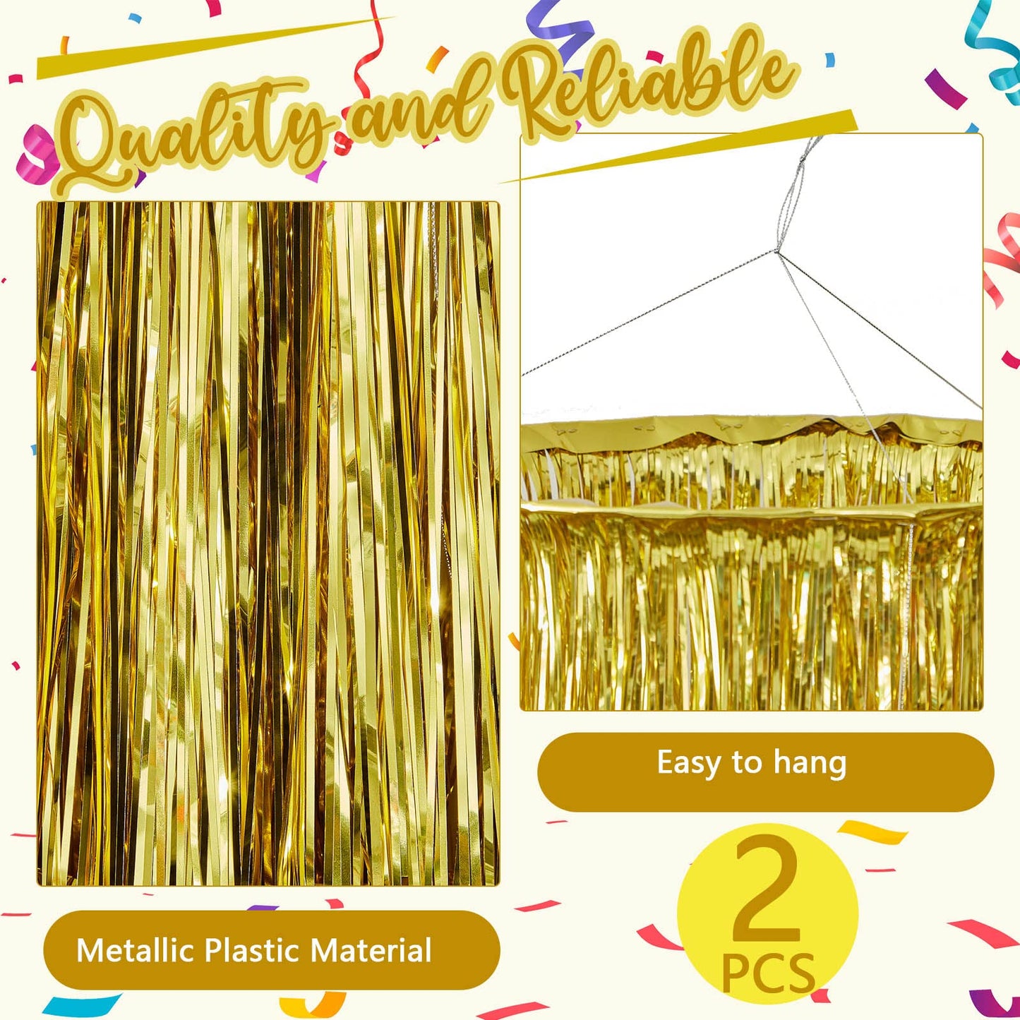 Tatuo 2 Pcs 3 Tier Metallic Tinsel Chandelier Shimmering Fringe Chandelier Decor Hanging Decoration Photo Booth Backdrop for Birthday Anniversary Wedding New Year's Eve Party Supplies, 4 ft (Gold)