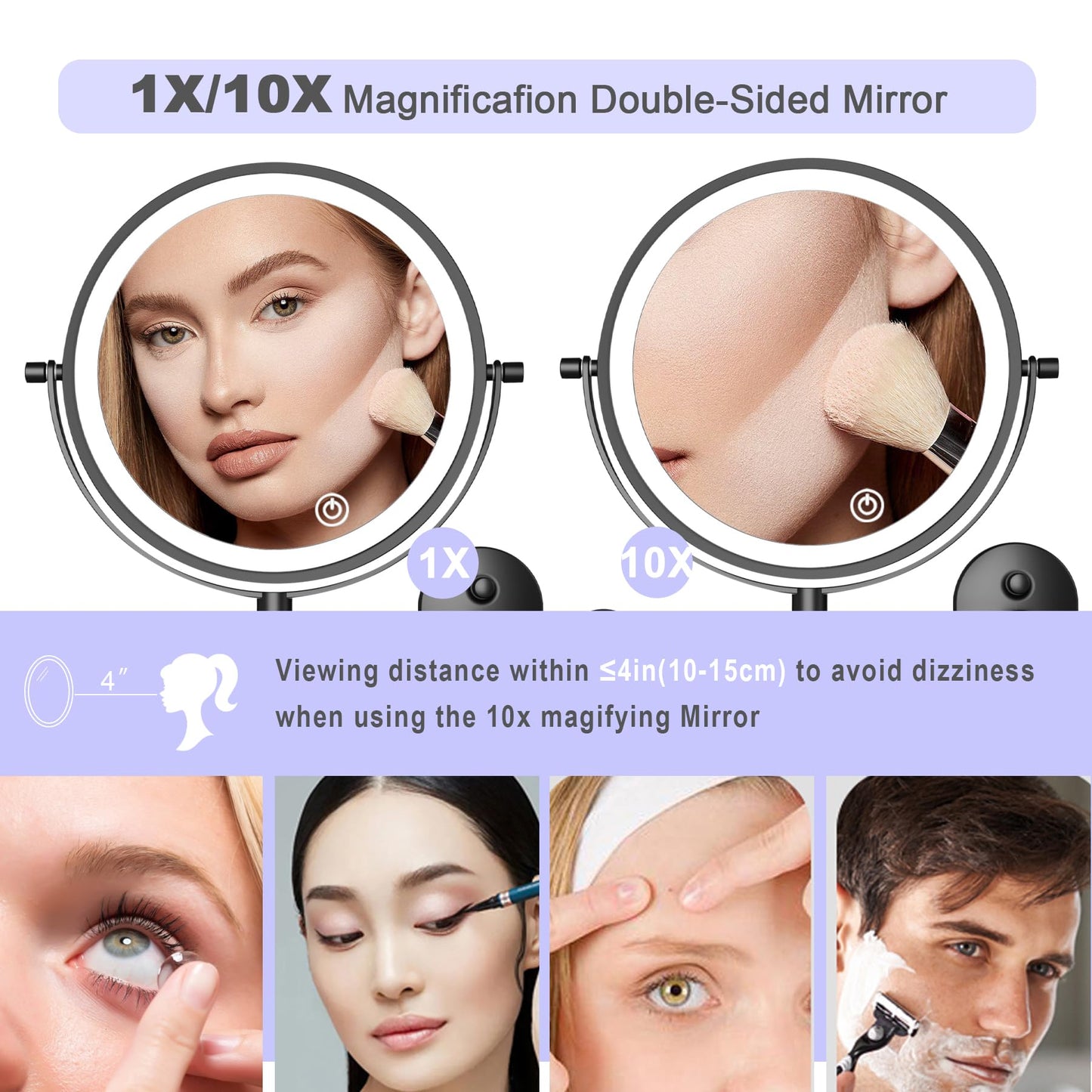 TUSHENGTU 8“Wall Mounted Makeup Mirror with Light 10x Magnifying for Vanity, Bathroom, and Shaving - USB Rechargeable,Adjustable Brightness and Color Temperature (Black-10X)