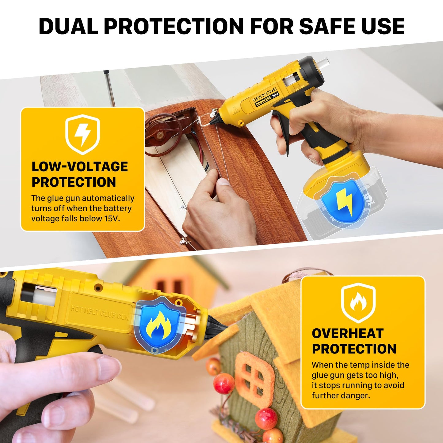 SEEKONE Hot Glue Gun, 100W Cordless Hot Glue Gun for Dewalt 20V Battery (No Battery), Fast Preheating and Anti-drip Full Size Glue Gun with 20pcs Glue Sticks for Crafts, DIY Arts, Home Repairs