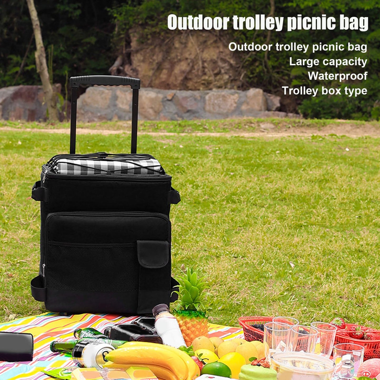 Large Rolling Cooler, 43L Leakproof Insulated Chiller Wheeled Soft Cooler, Oxford Cloth Aluminum Foil Dual Waterproof Portable Insulated Wheeled Cooling Bag with Handle