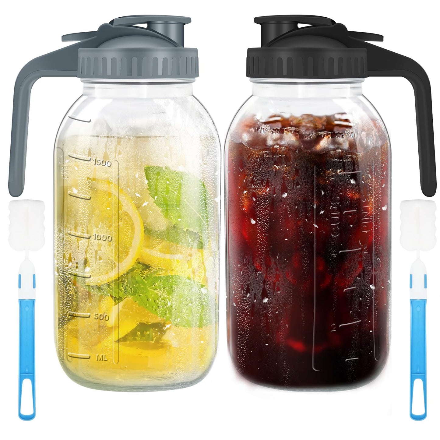 Fenhupe 64OZ Glass Mason Jar Pitcher with Lid, Leak-Proof Airtight Wide Mouth Jug for Cold Brew & Iced Tea, Milk, Juice and Sun Tea, Set of 2