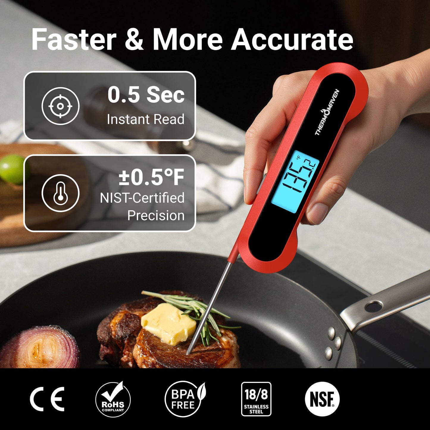 ThermoMaven Professional 0.5 Sec Instant Read Meat Thermometer Digital, NIST Certified ±0.5℉ Accuracy, Auto Rotate Large LCD Display, Waterproof Cooking Thermometer for Baking Grill BBQ Smoker Oven