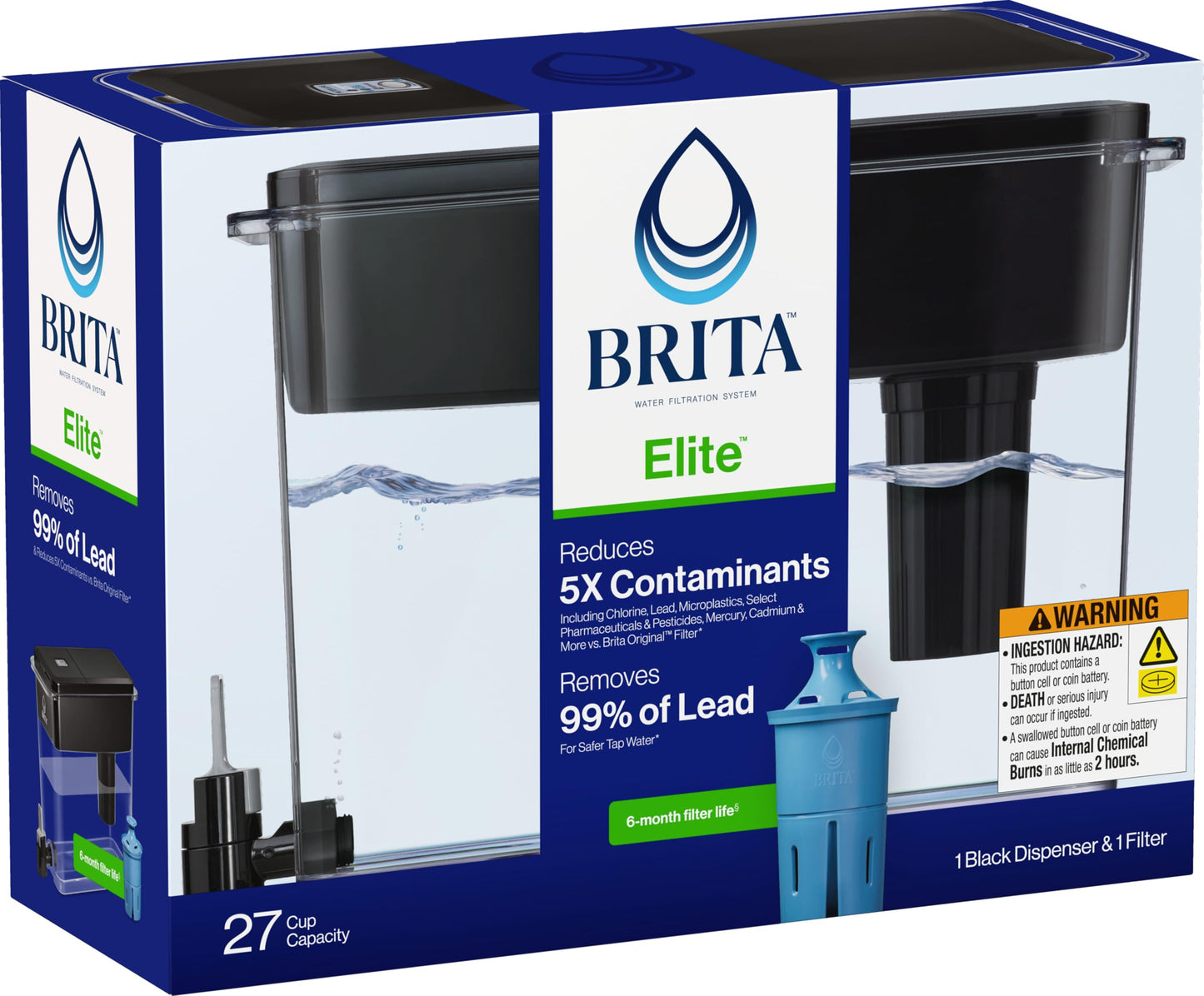 Brita 27 Cup Elite Filter Dispenser, Reduces 30+ Contaminants including Lead and Microplastics, Filter lasts 6 months, UltraMax, Black