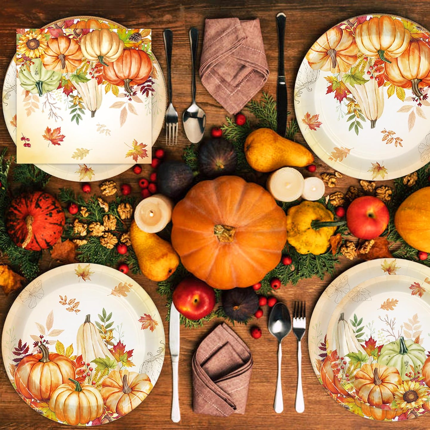 170PCS Fall Party Decorations Kit Includes Pumpkin Harvest Disposable Paper Plates, Napkins, Cups, Cutlery, Banner, Tablecloth for Autumn Holiday Thanksgiving Autumn Party Decorations, Serve 24